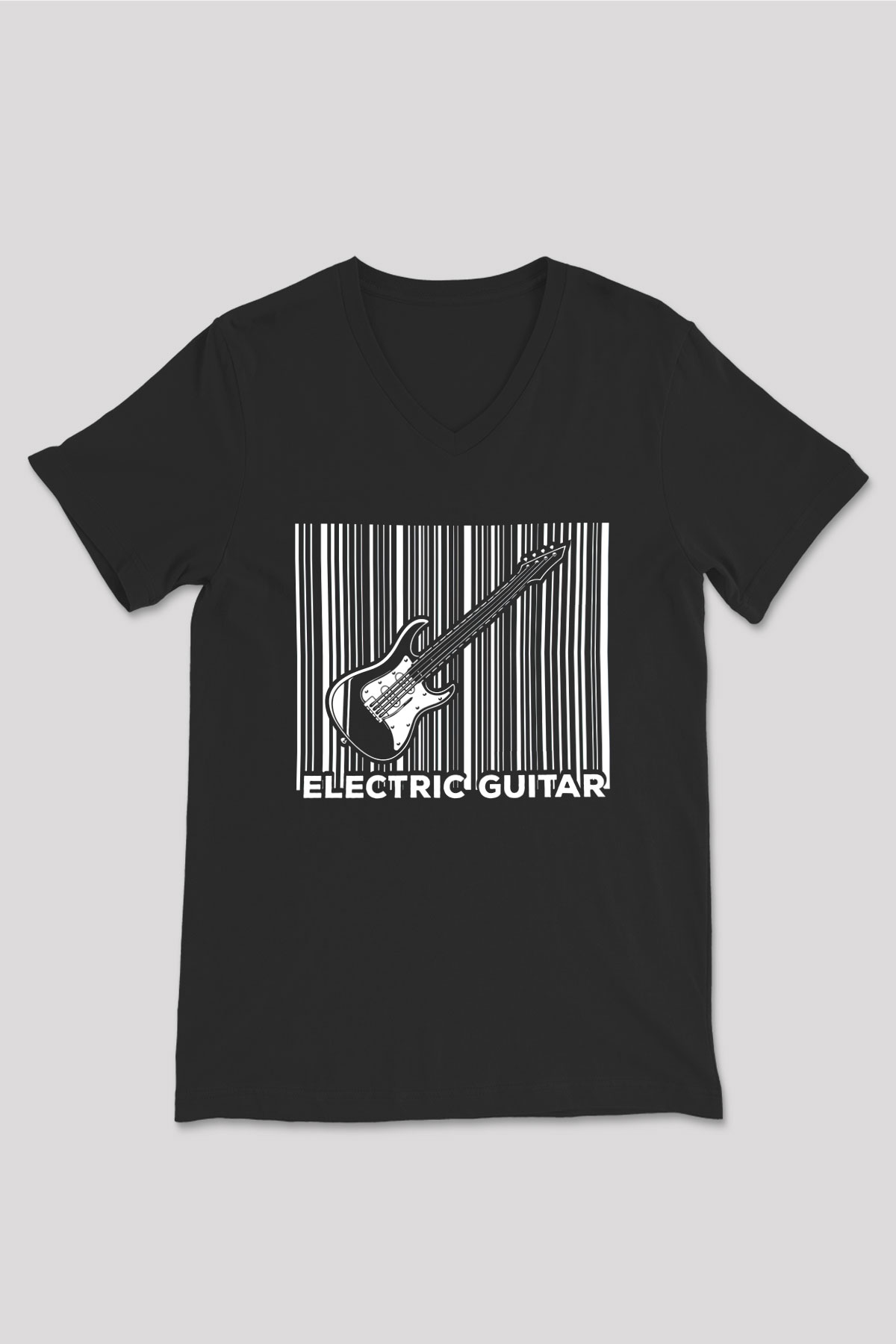 Elektro Gitar Baskılı Unisex Siyah V Yaka Tişört - Tshirt