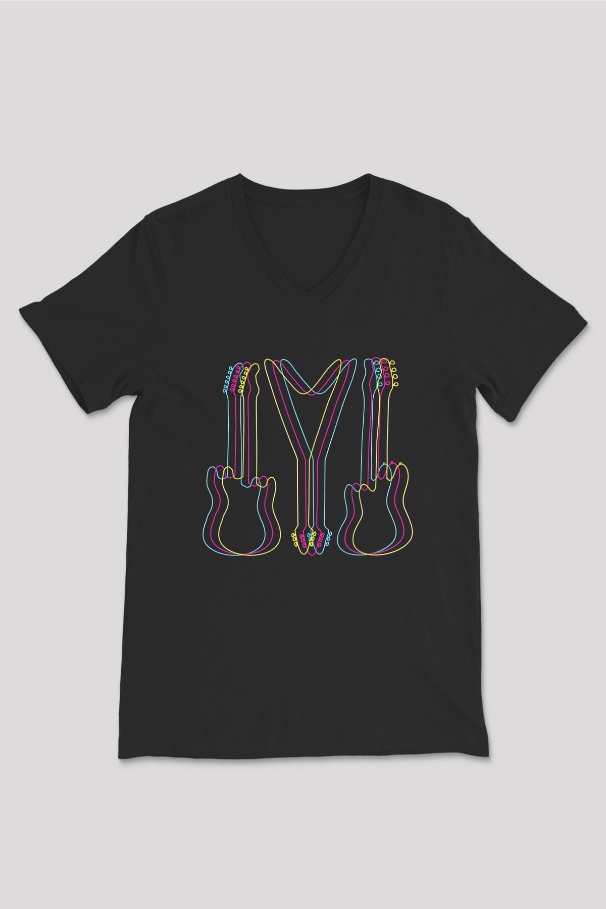 Elektro Gitar Baskılı Unisex Siyah V Yaka Tişört - Tshirt