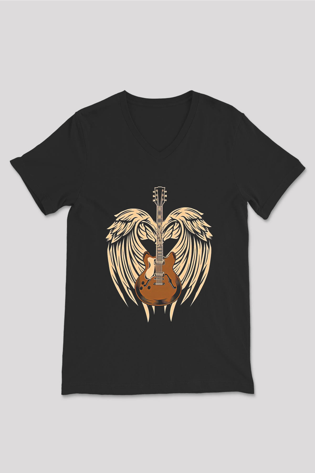 Elektro Gitar Baskılı Unisex Siyah V Yaka Tişört - Tshirt