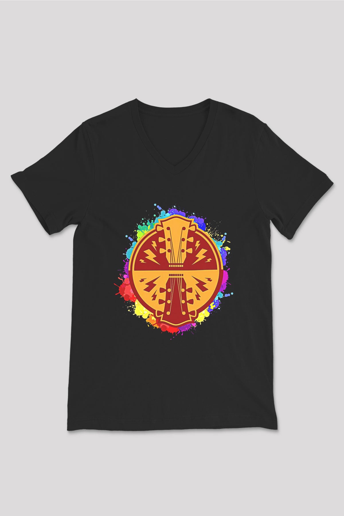 Elektro Gitar Baskılı Unisex Siyah V Yaka Tişört - Tshirt