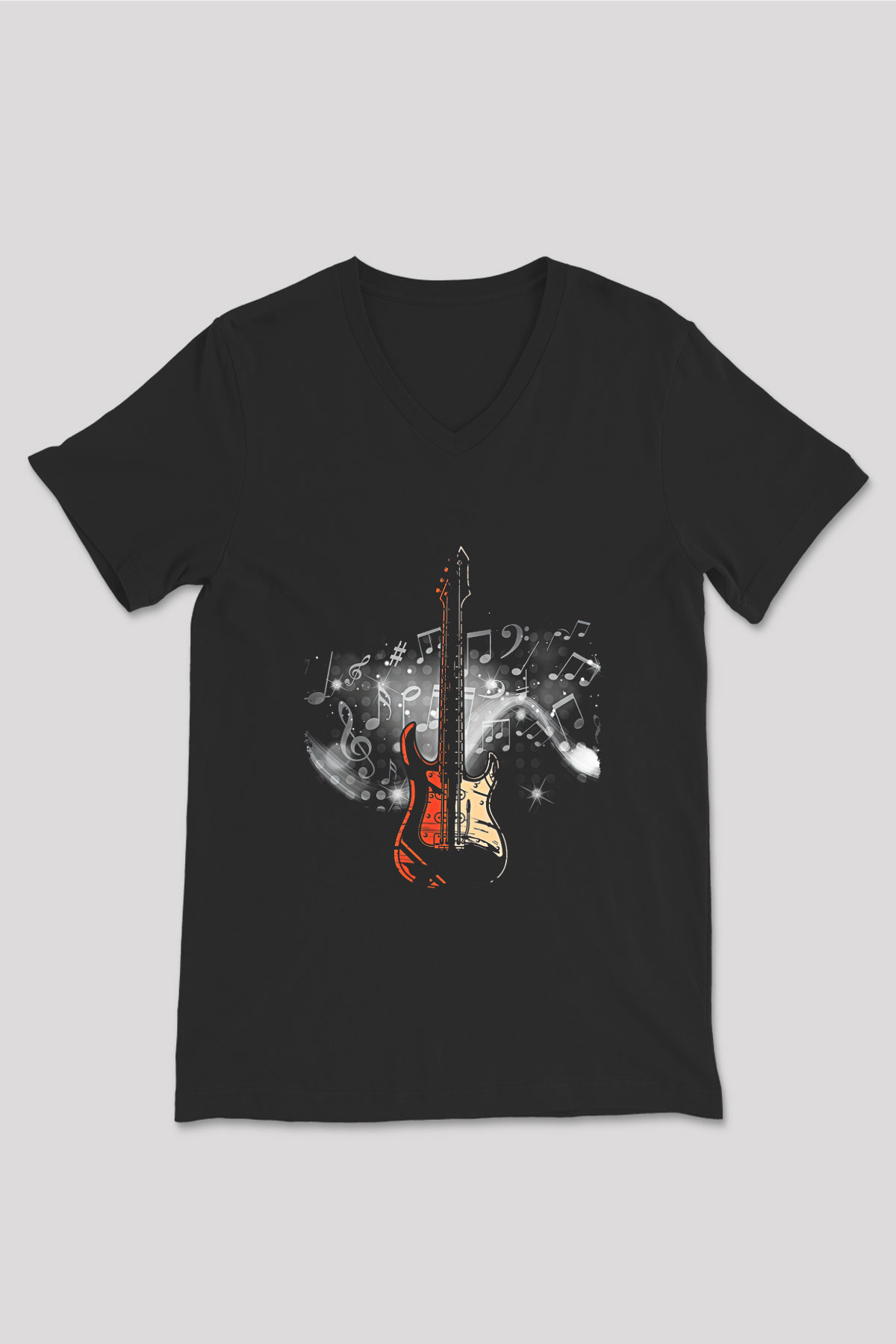 Elektro Gitar Baskılı Unisex Siyah V Yaka Tişört - Tshirt