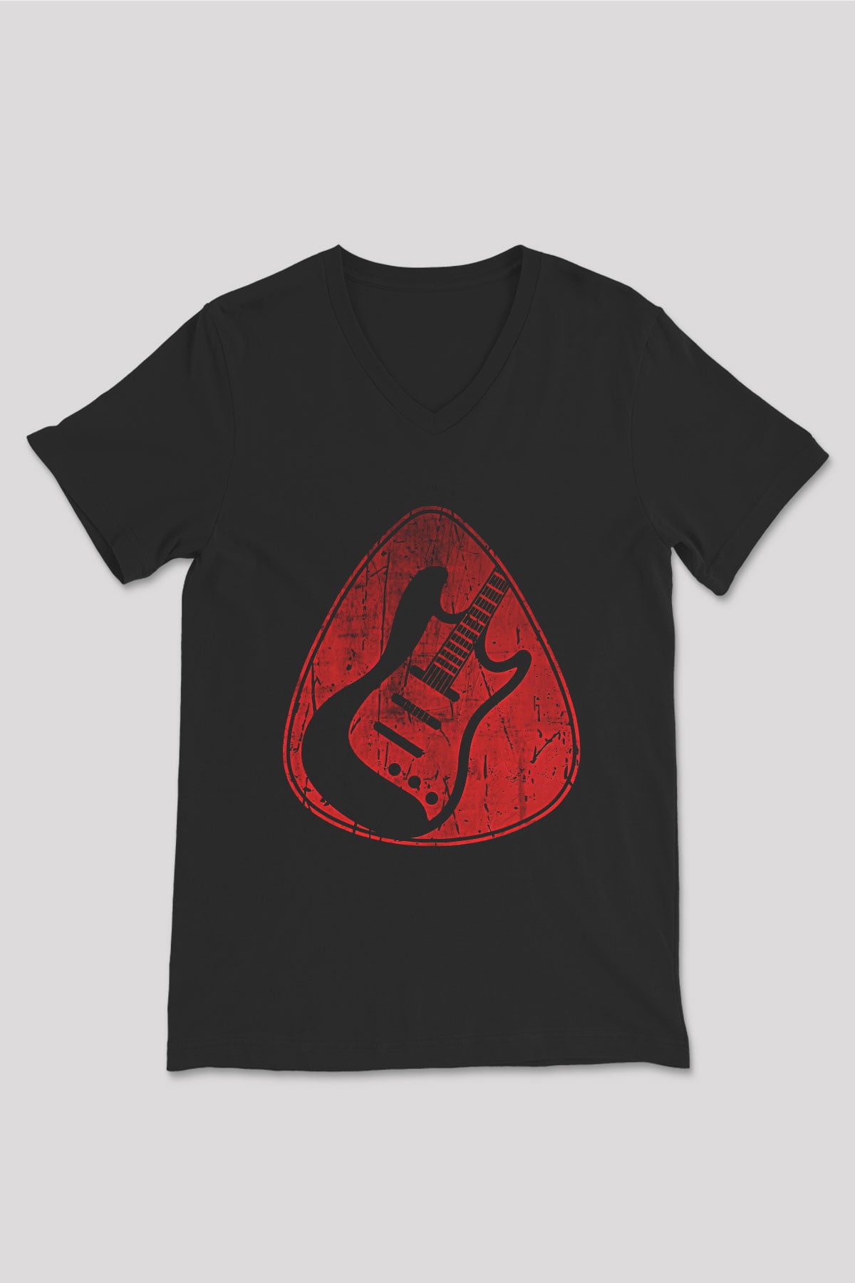 Elektro Gitar Baskılı Unisex Siyah V Yaka Tişört - Tshirt
