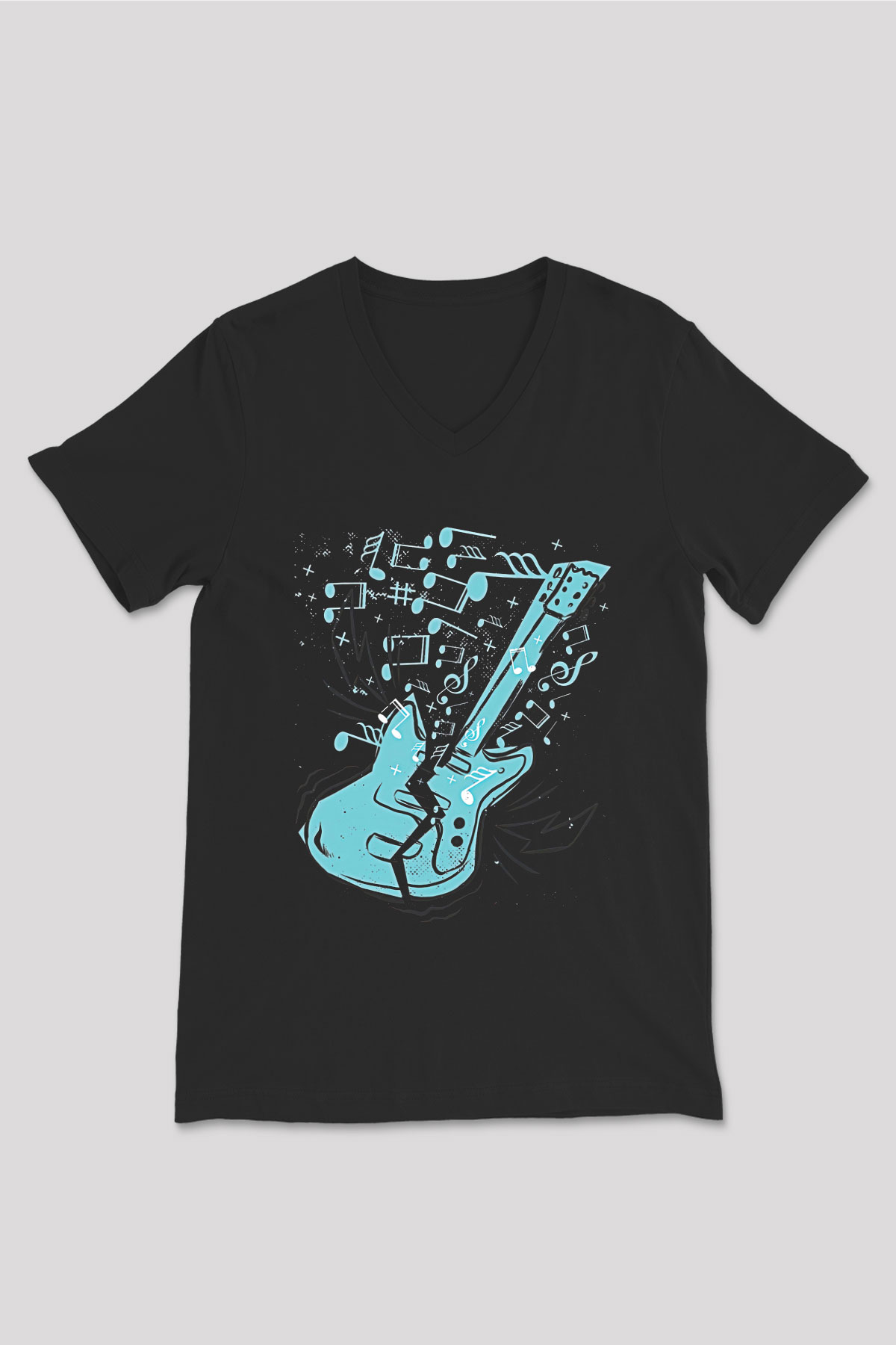 Elektro Gitar Baskılı Unisex Siyah V Yaka Tişört - Tshirt