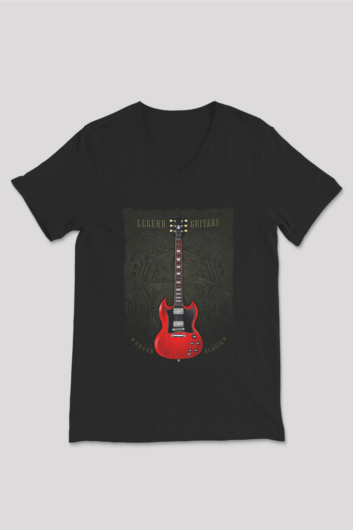 Elektro Gitar Baskılı Unisex Siyah V Yaka Tişört - Tshirt