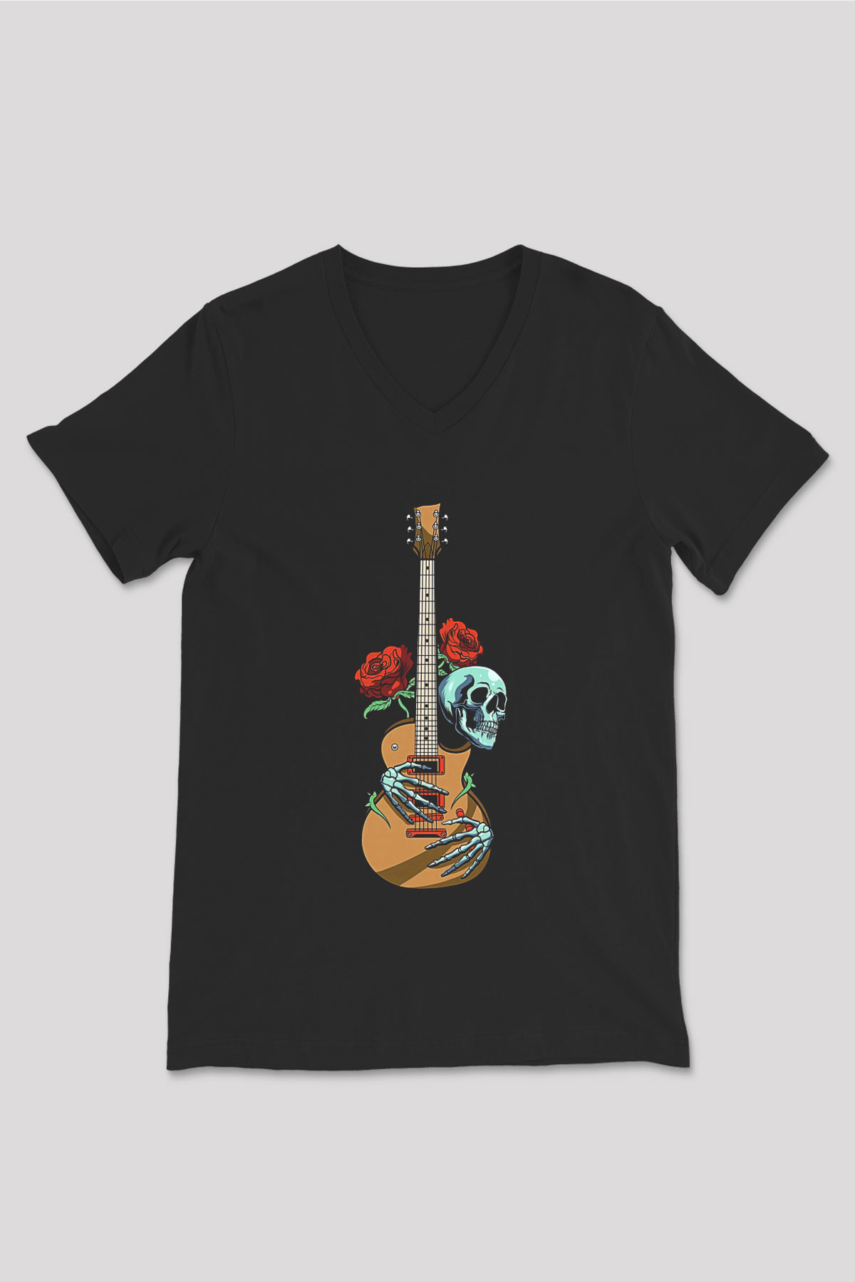 Elektro Gitar Baskılı Unisex Siyah V Yaka Tişört - Tshirt
