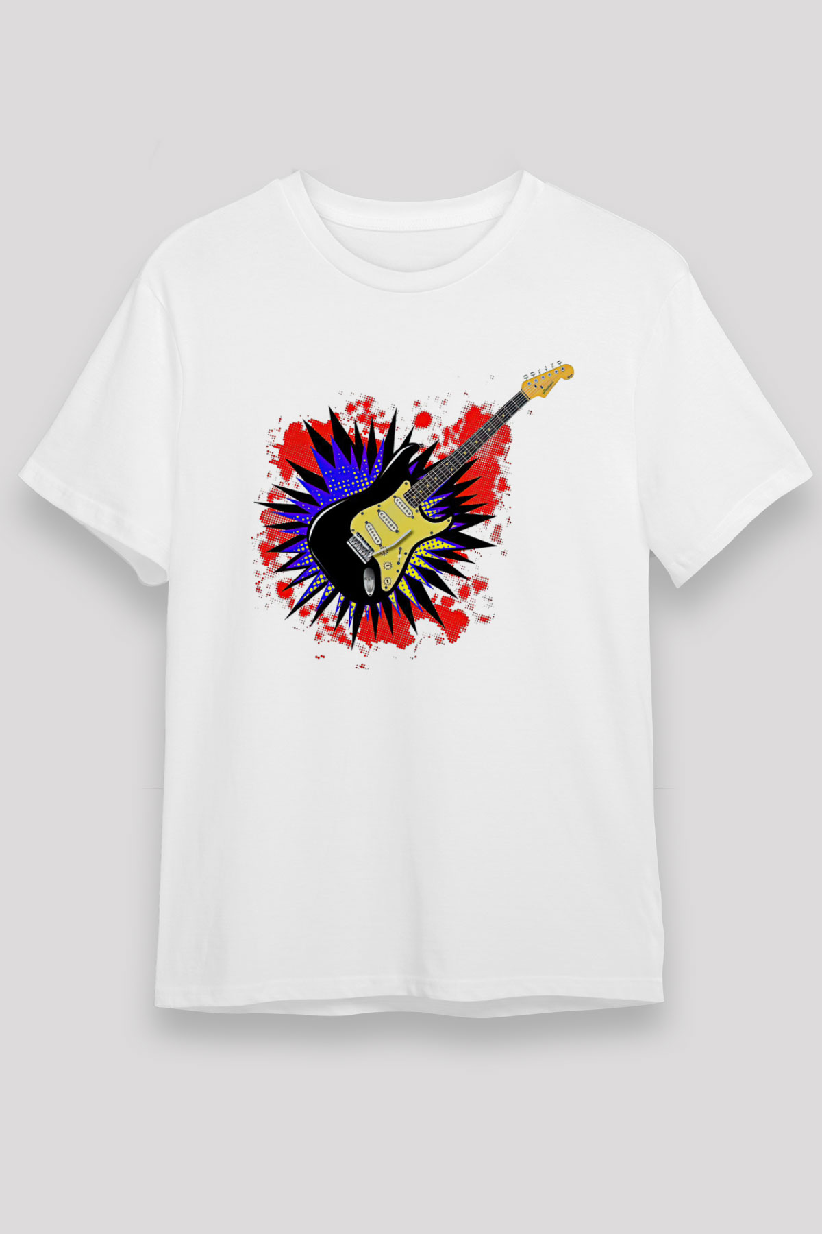 Elektro Gitar Unisex Baskılı Beyaz Tişört - Tshirt