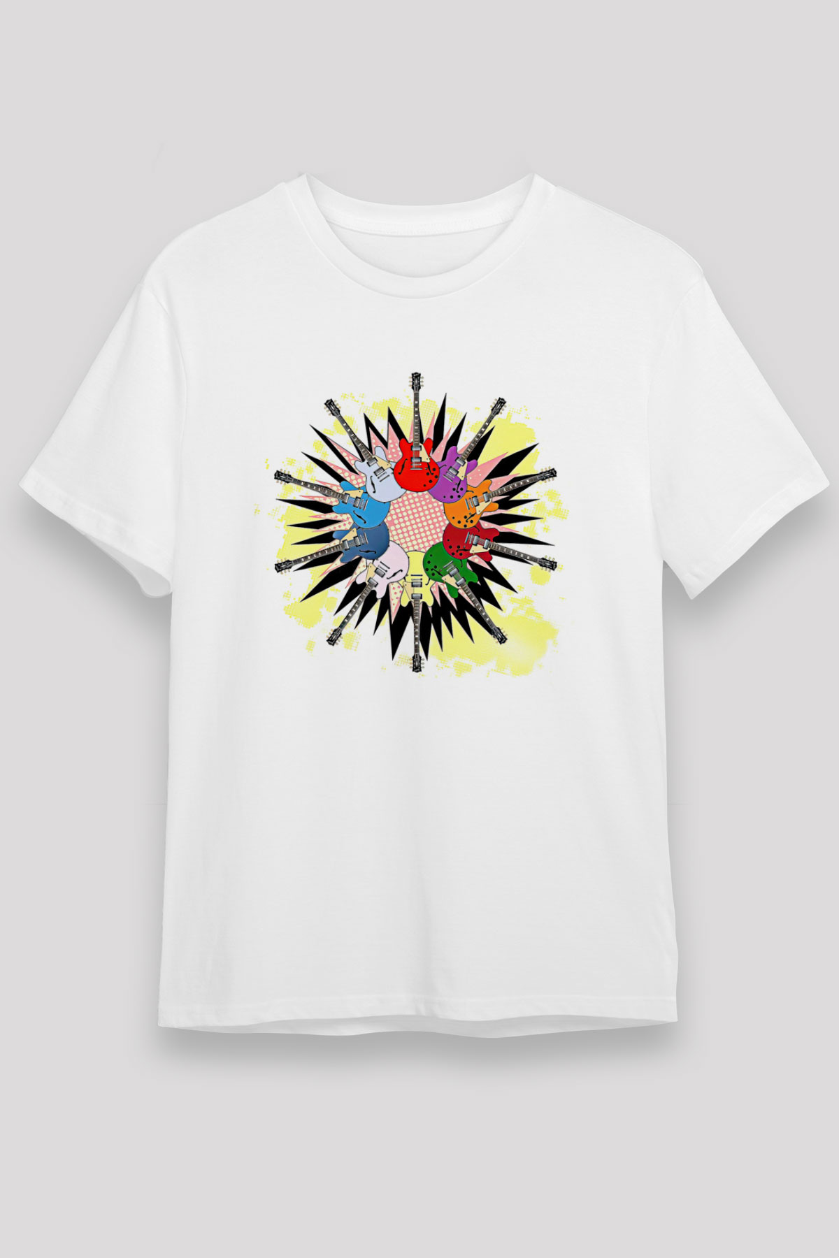 Elektro Gitar Unisex Baskılı Beyaz Tişört - Tshirt