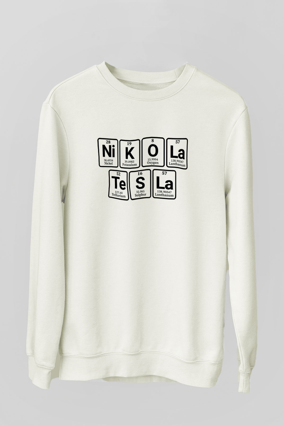 Elementlerden Oluşan Nikola Tesla Baskılı Unisex Beyaz Sweatshirt
