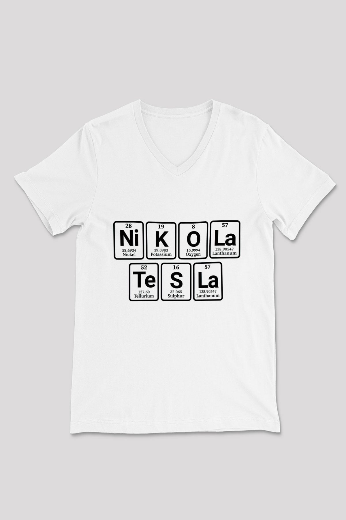 Elementlerden Oluşan Nikola Tesla Baskılı Unisex Beyaz V Yaka Tişört