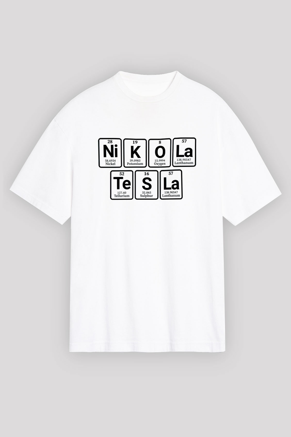 Elementlerden Oluşan Nikola Tesla Baskılı Unisex Beyaz Oversize Tişört