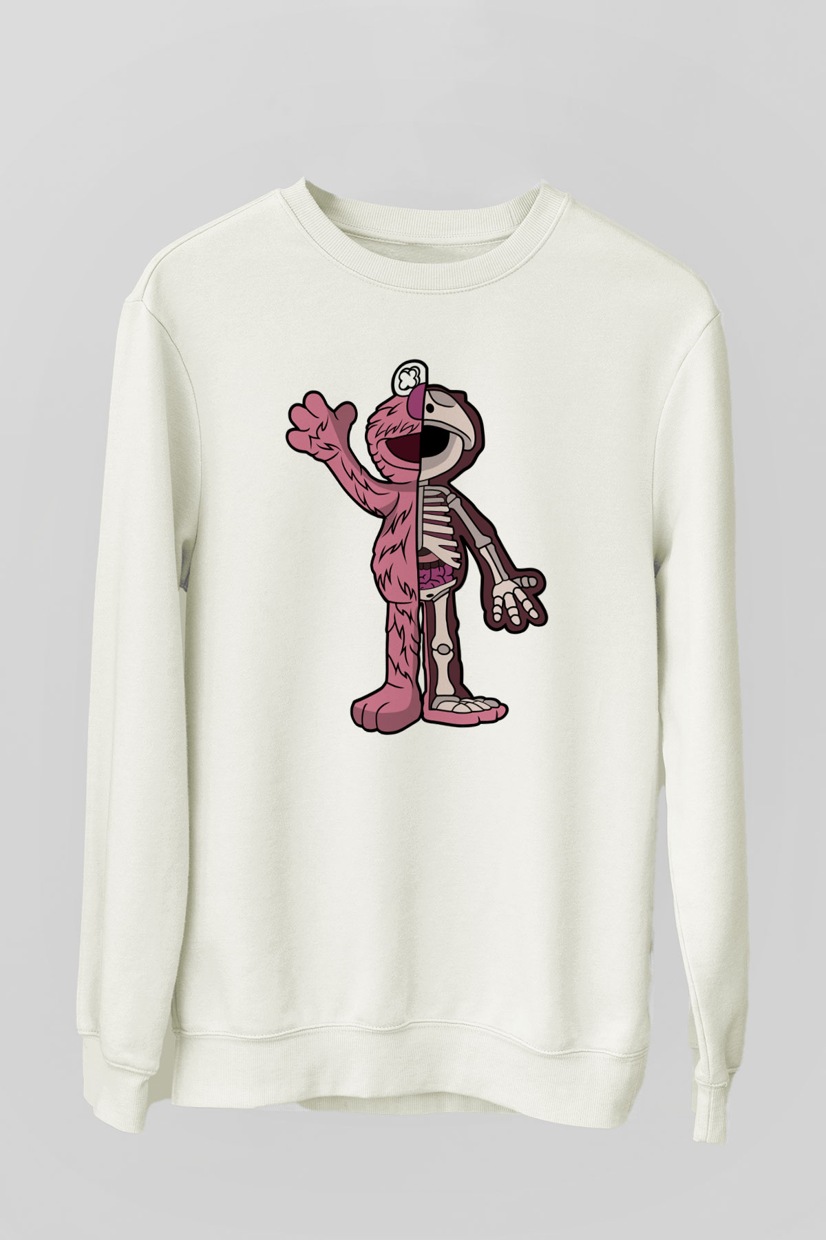 Elmo Half Skeleton Baskılı Unisex Beyaz Sweatshirt