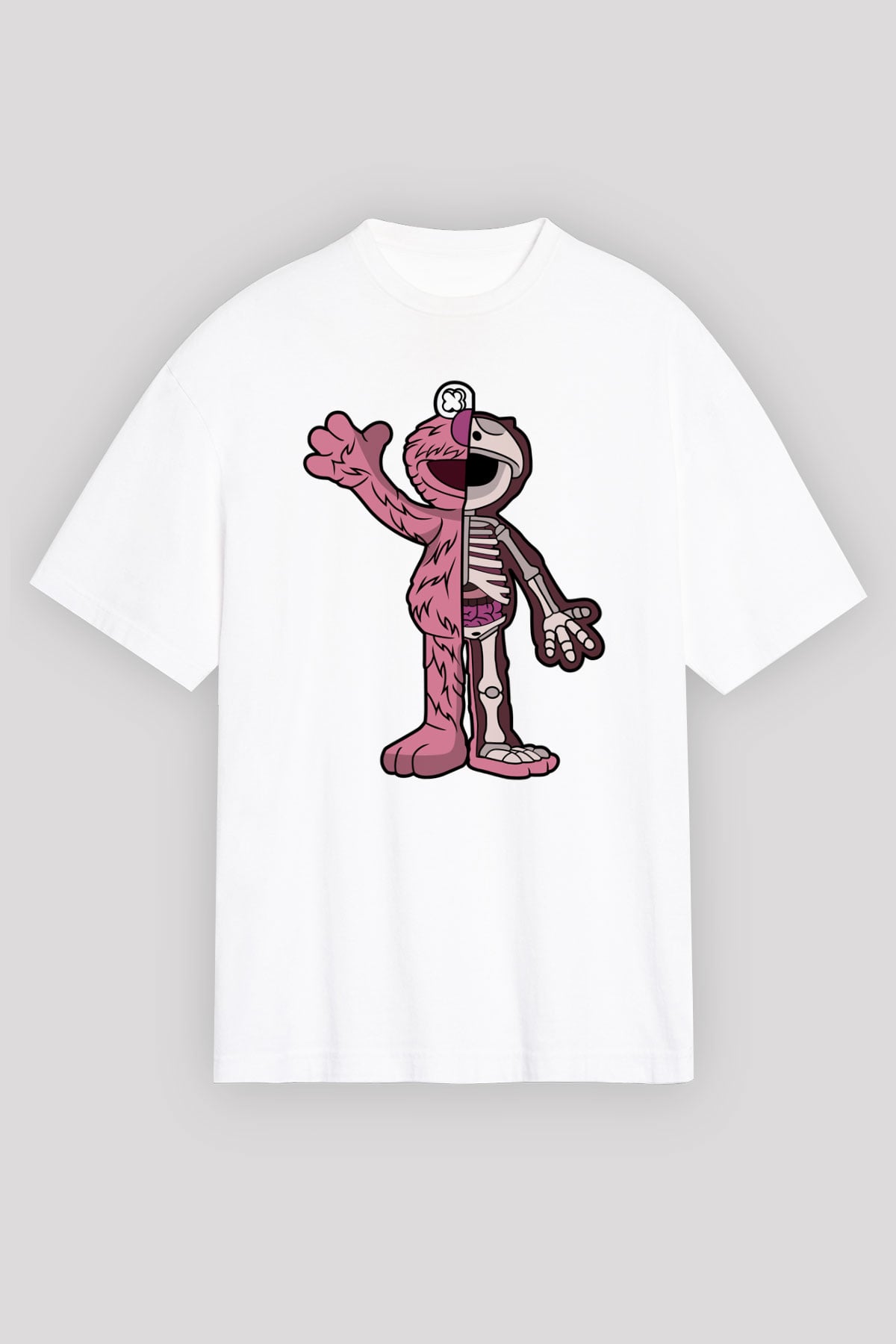 Elmo Half Skeleton Baskılı Unisex Beyaz Oversize Tişört