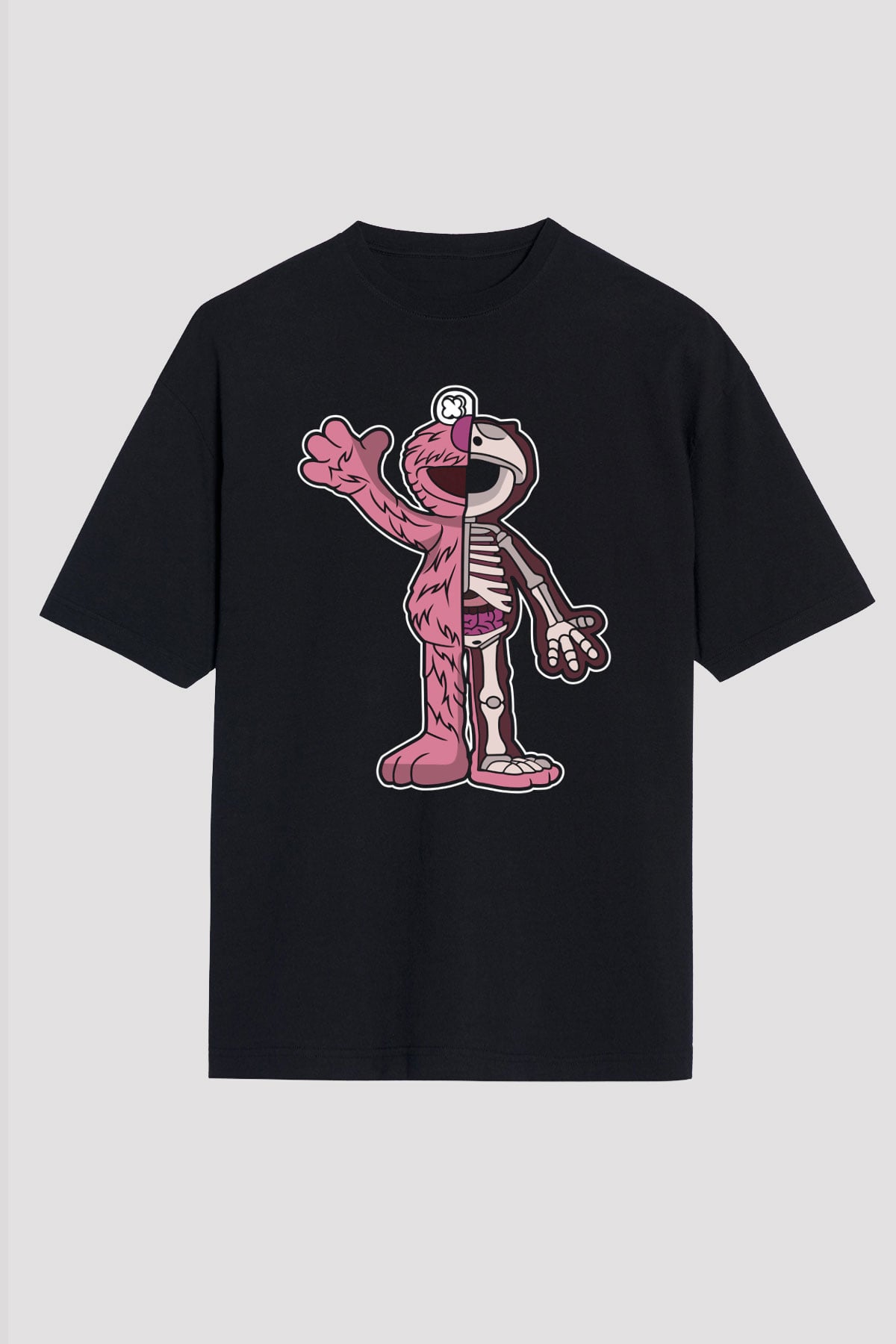 Elmo Half Skeleton Baskılı Unisex Siyah Oversize Tişört