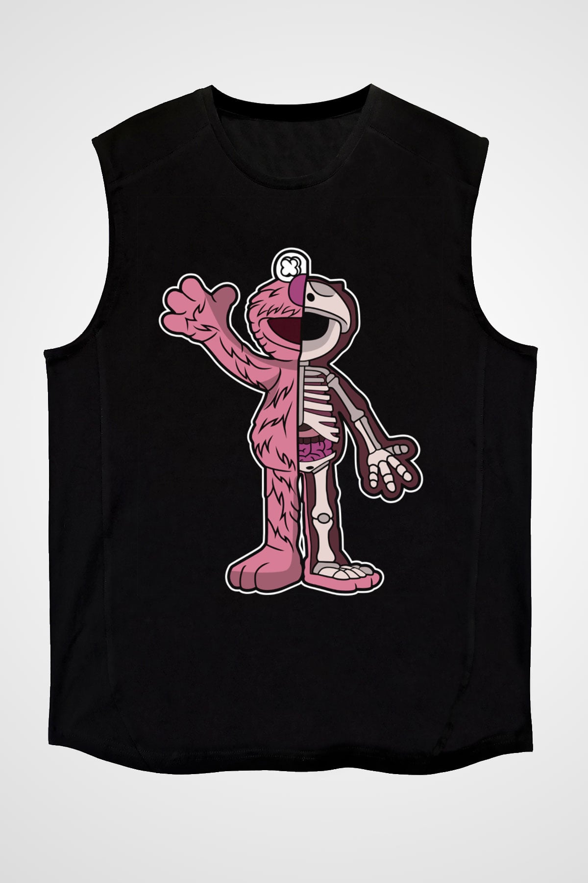 Elmo Half Skeleton Baskılı Unisex Siyah Kolsuz Tişört