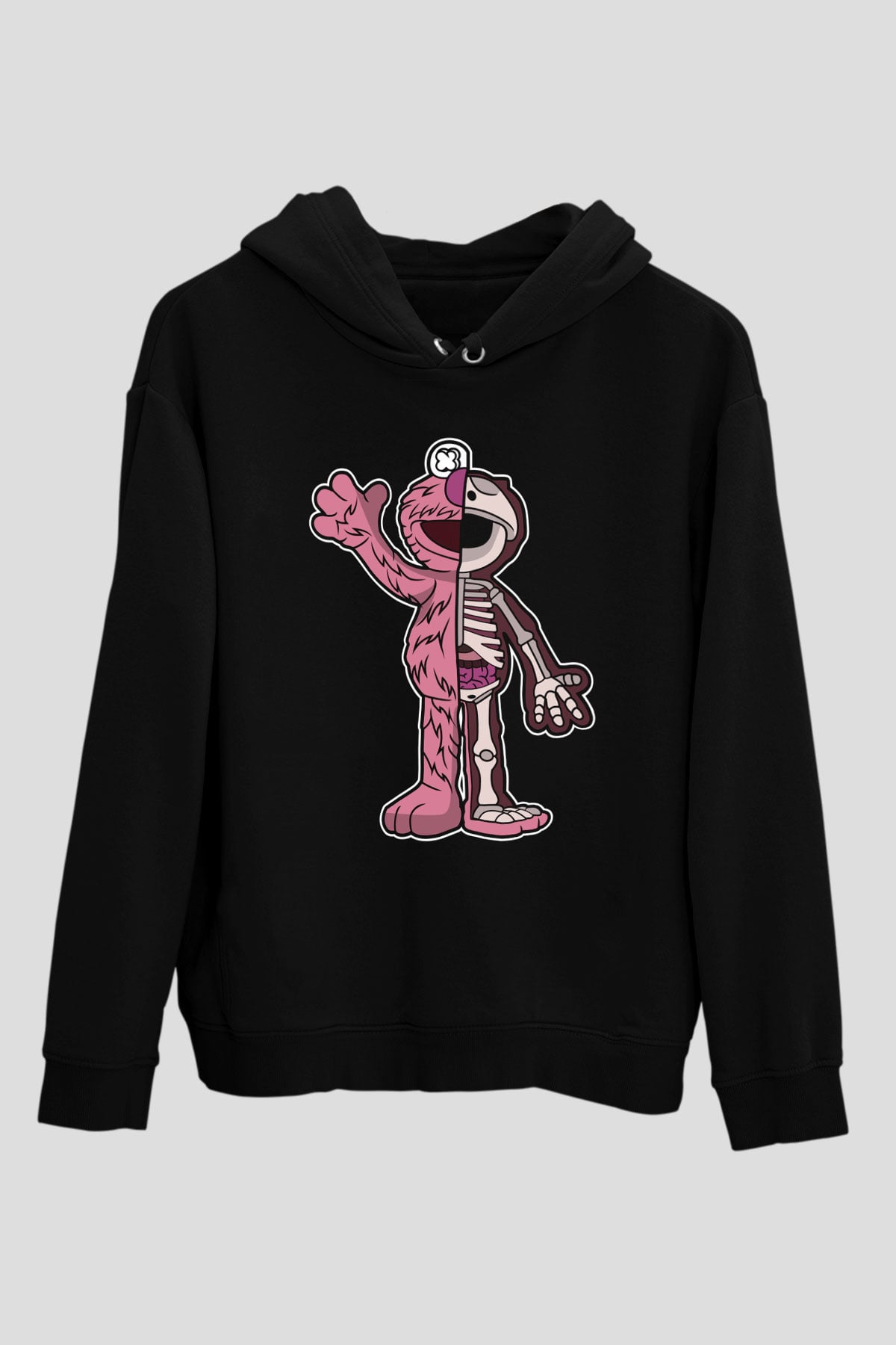 Elmo Half Skeleton Baskılı Unisex Siyah Hoodie