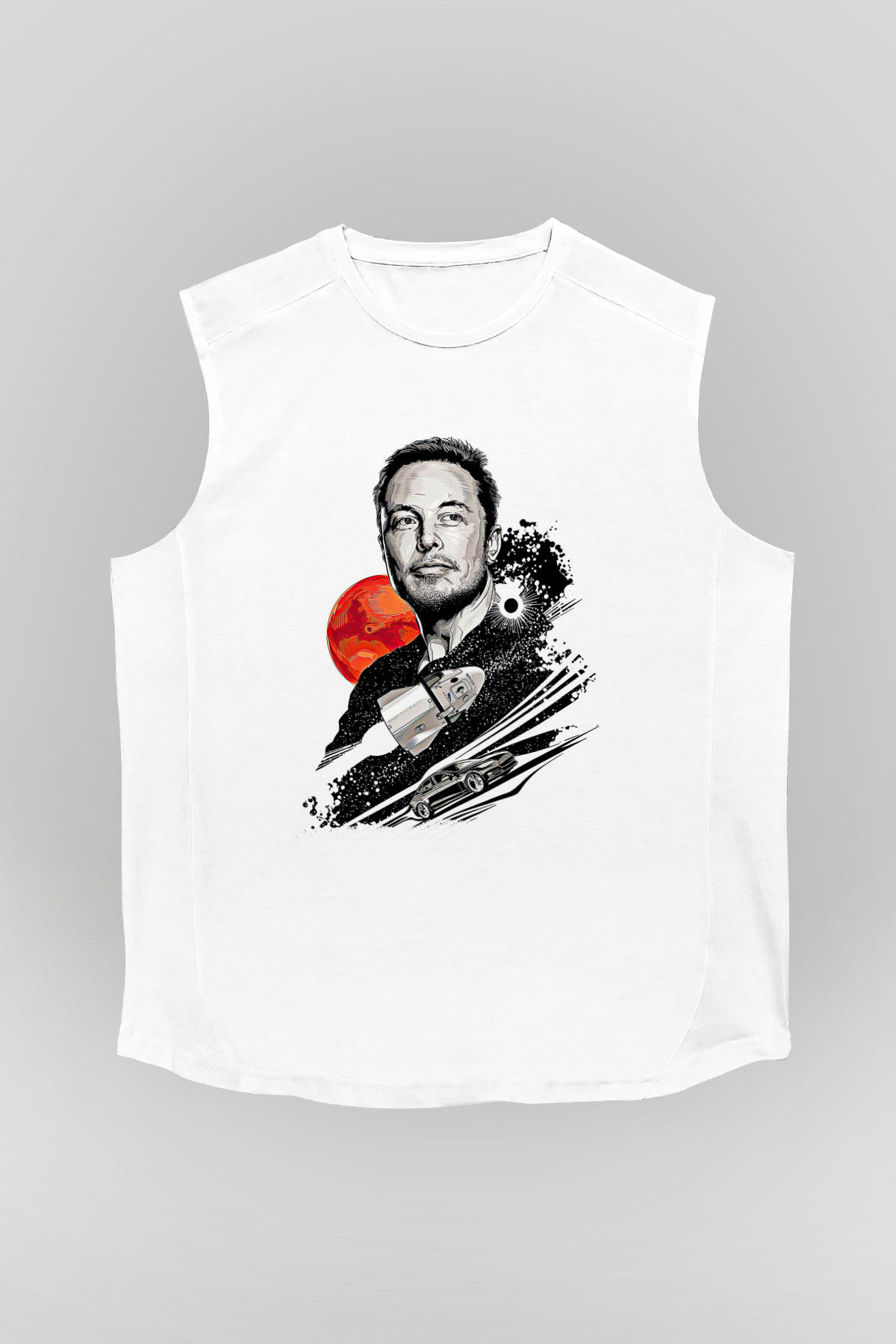 Elon Musk Baskılı Beyaz Unisex Kolsuz Tişört - Tshirt
