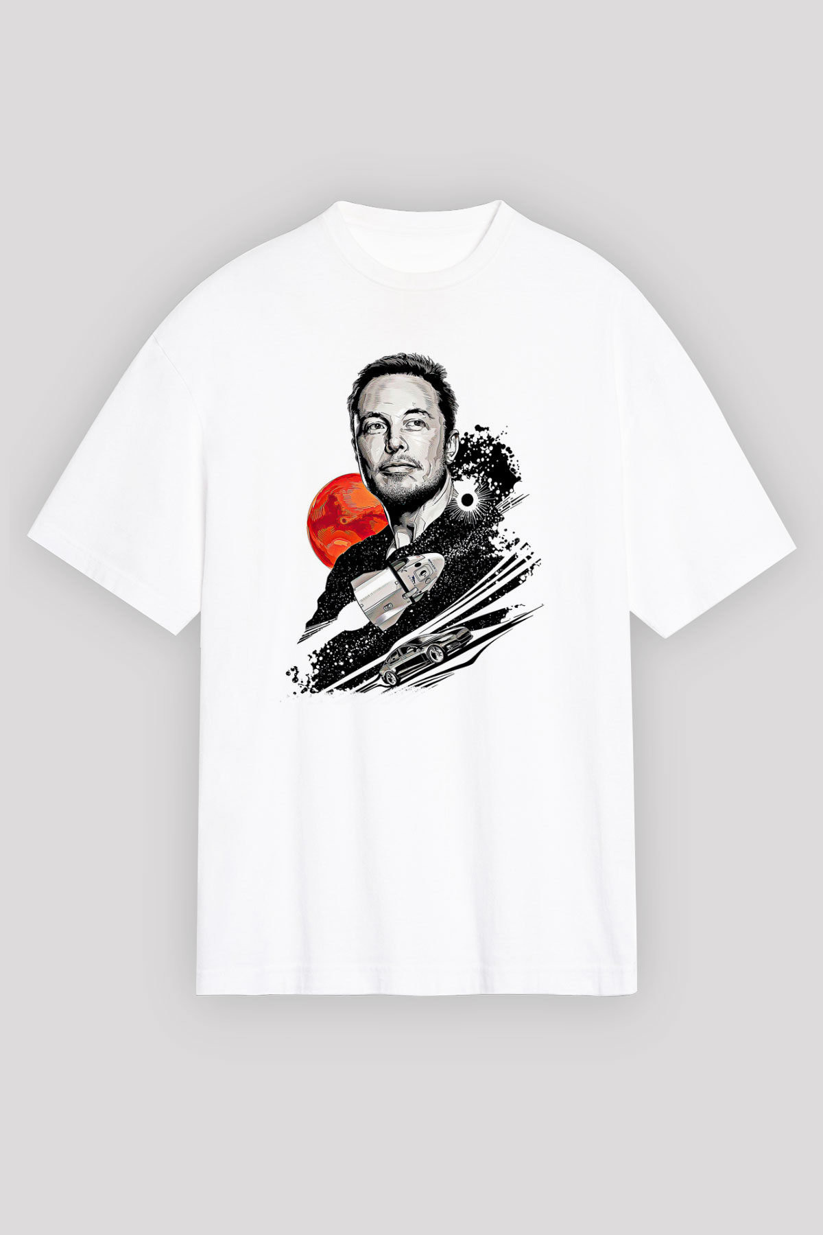 Elon Musk Baskılı Beyaz Unisex Oversize Tişört - Tshirt