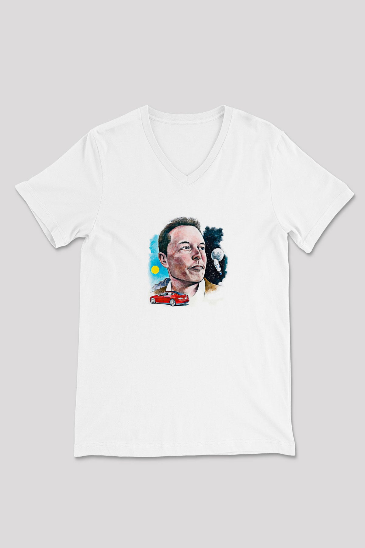 Elon Musk Baskılı Beyaz Unisex V Yaka Tişört - Tshirt