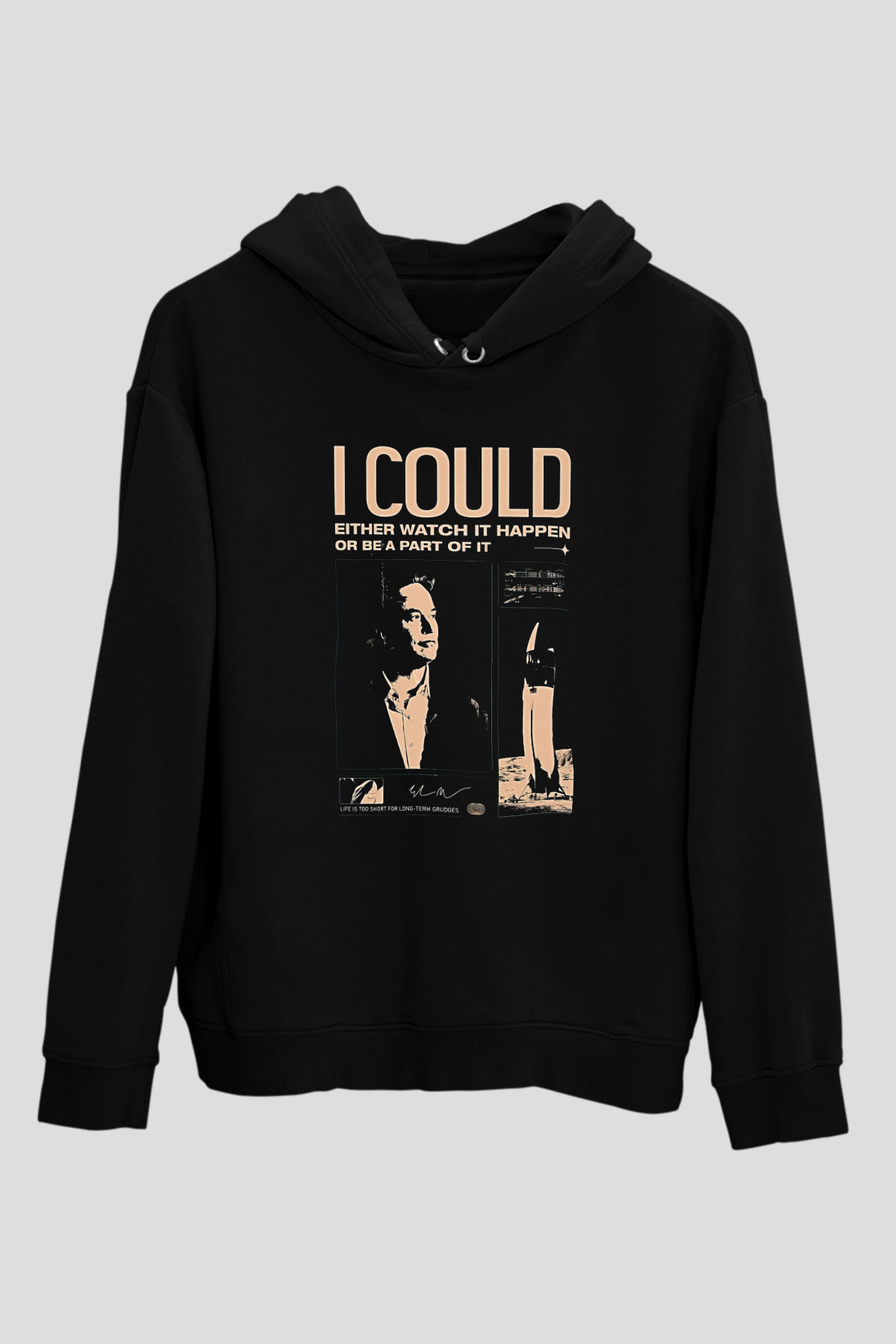 Elon Musk Baskılı Unisex Siyah Kapüşonlu Sweatshirt