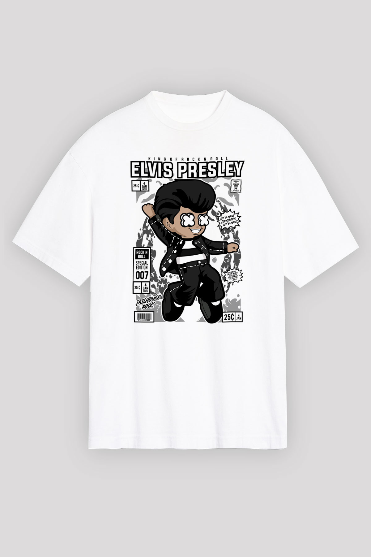 Elvis Presley Baskılı Unisex Beyaz Oversize Tişört