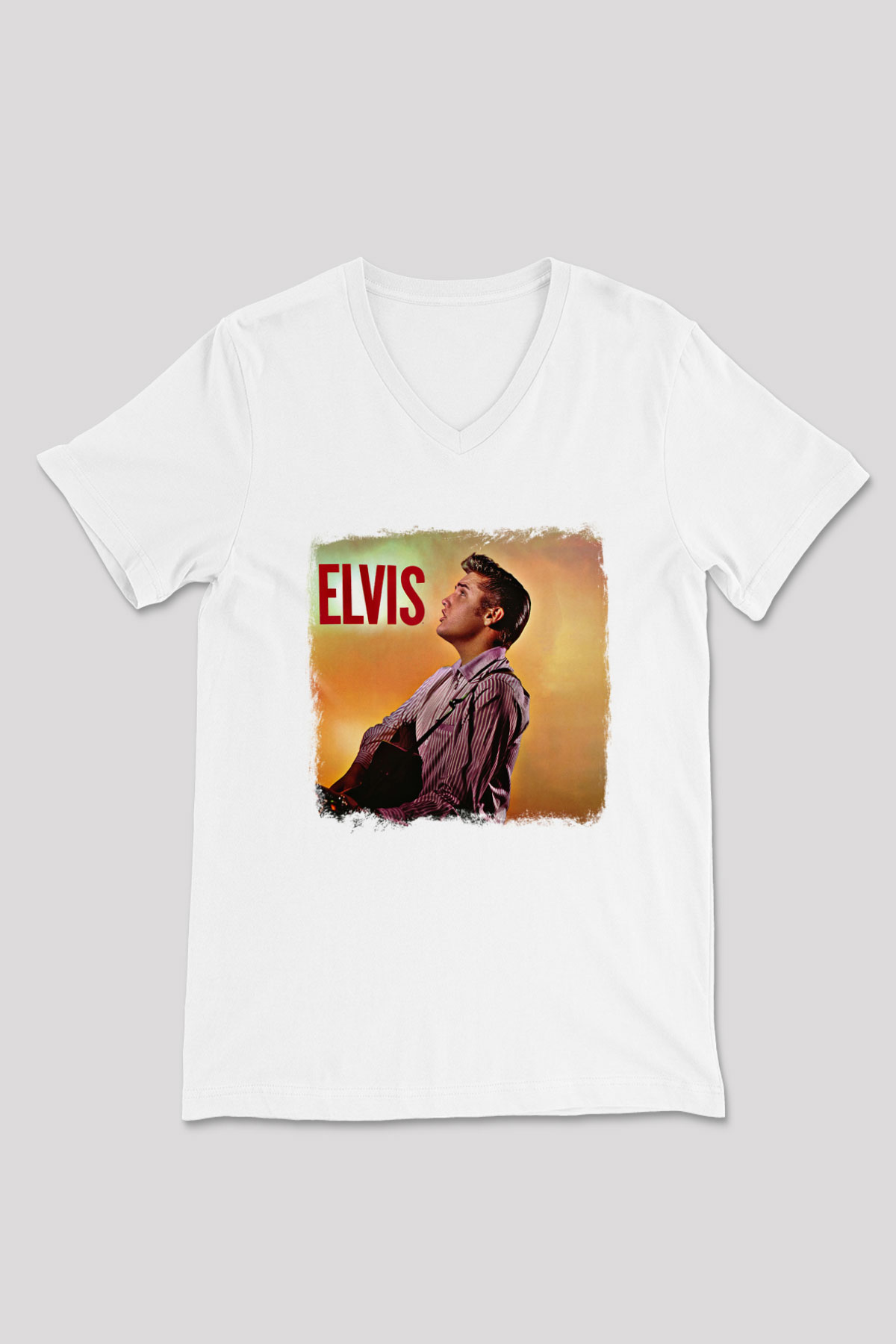 Elvis Presley Baskılı Unisex Beyaz V Yaka Tişört