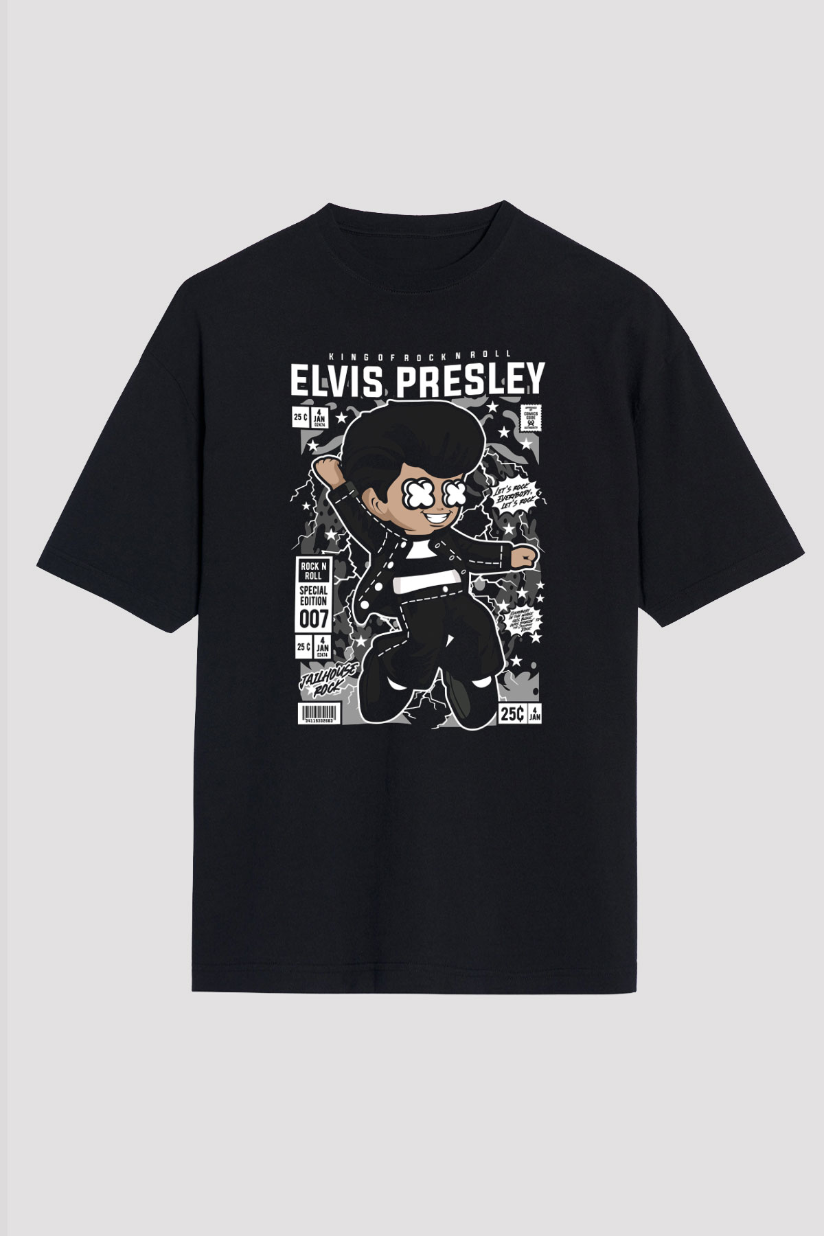 Elvis Presley Baskılı Unisex Siyah Oversize Tişört