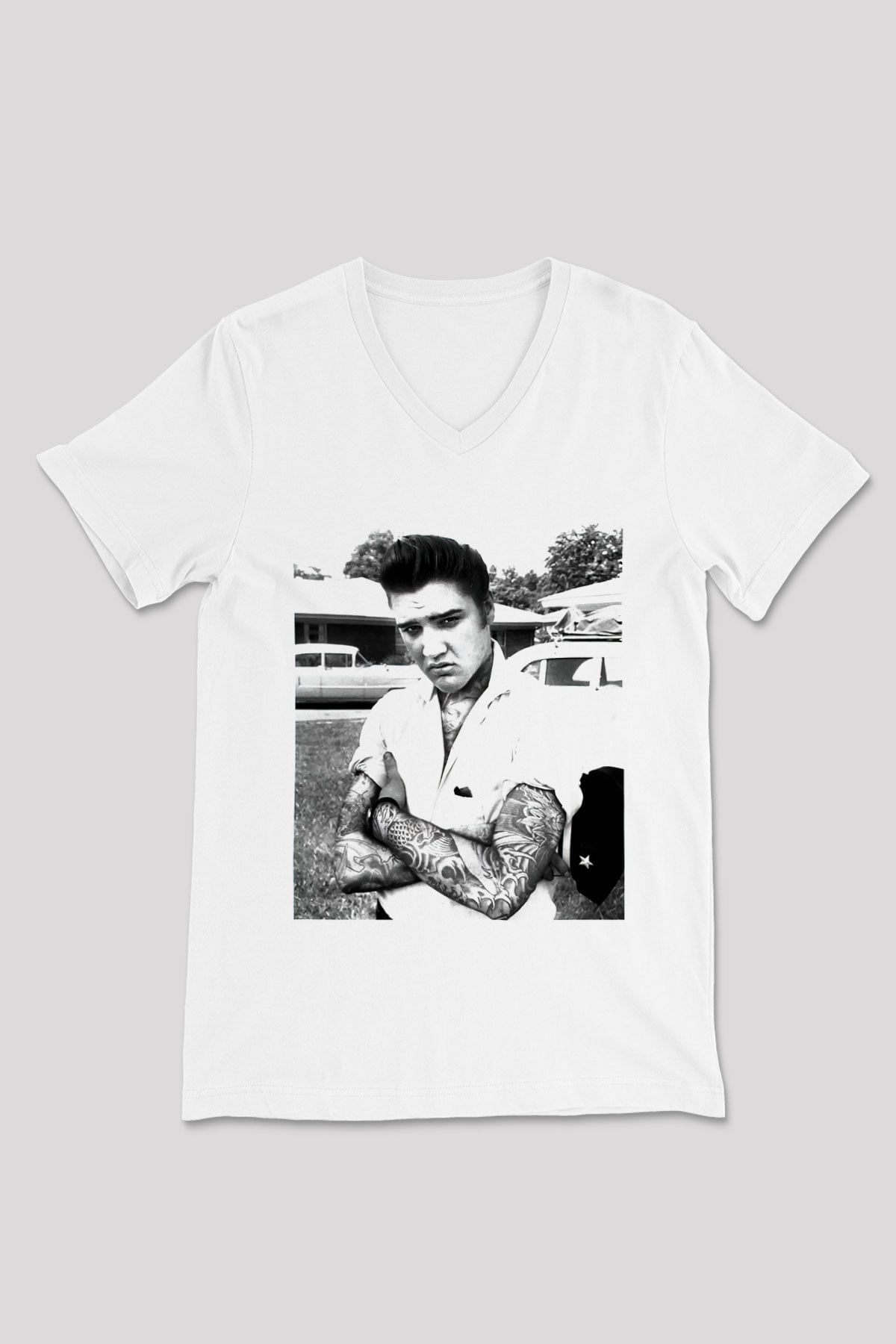 Elvis Presley Beyaz Unisex V Yaka Tişört T-Shirt