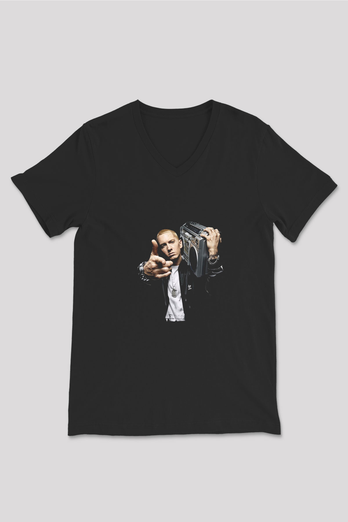 Eminem Baskılı Unisex Siyah V Yaka Tişört