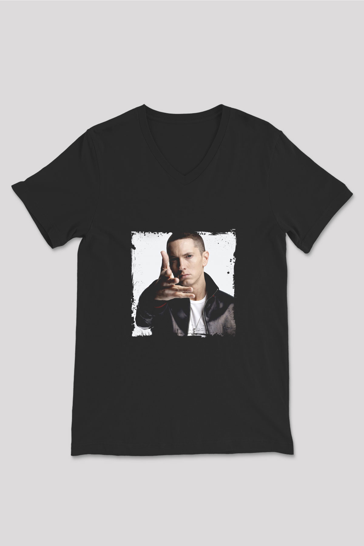 Eminem Baskılı Unisex Siyah V Yaka Tişört