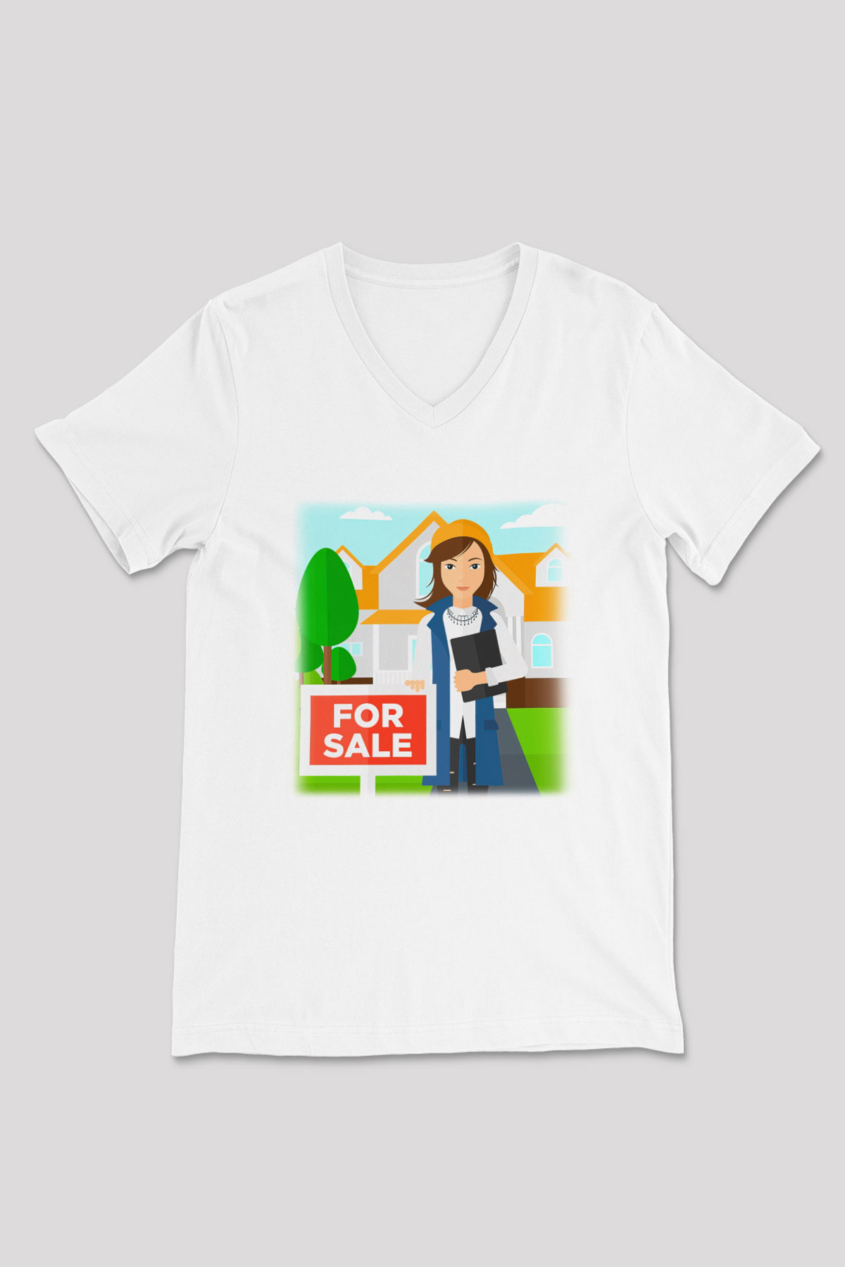Emlakçı Beyaz Unisex V Yaka Tişört T-Shirt