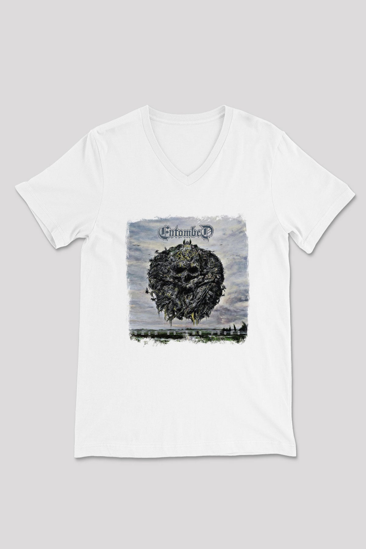 Entombed Baskılı Unisex Beyaz V Yaka Tişört