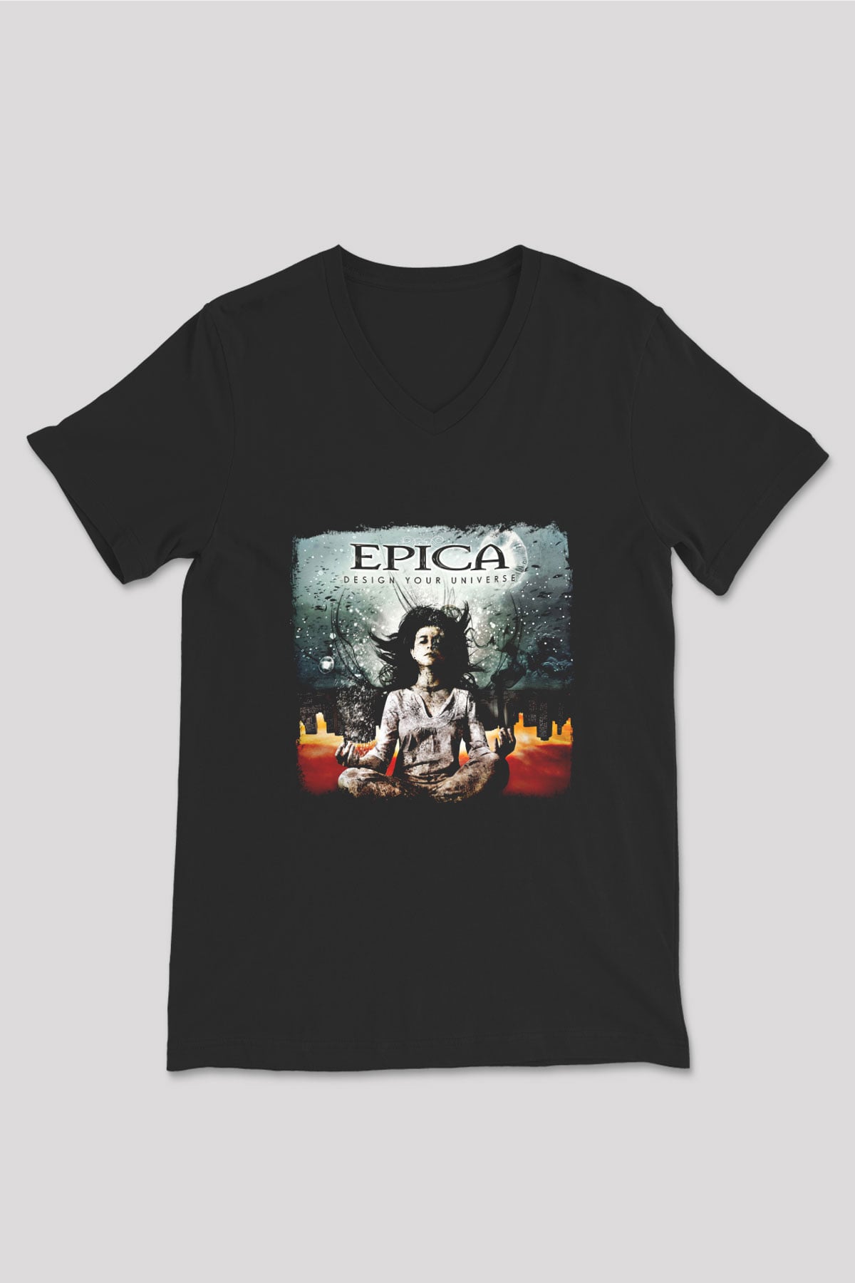 Epica Baskılı Unisex Siyah V Yaka Tişört