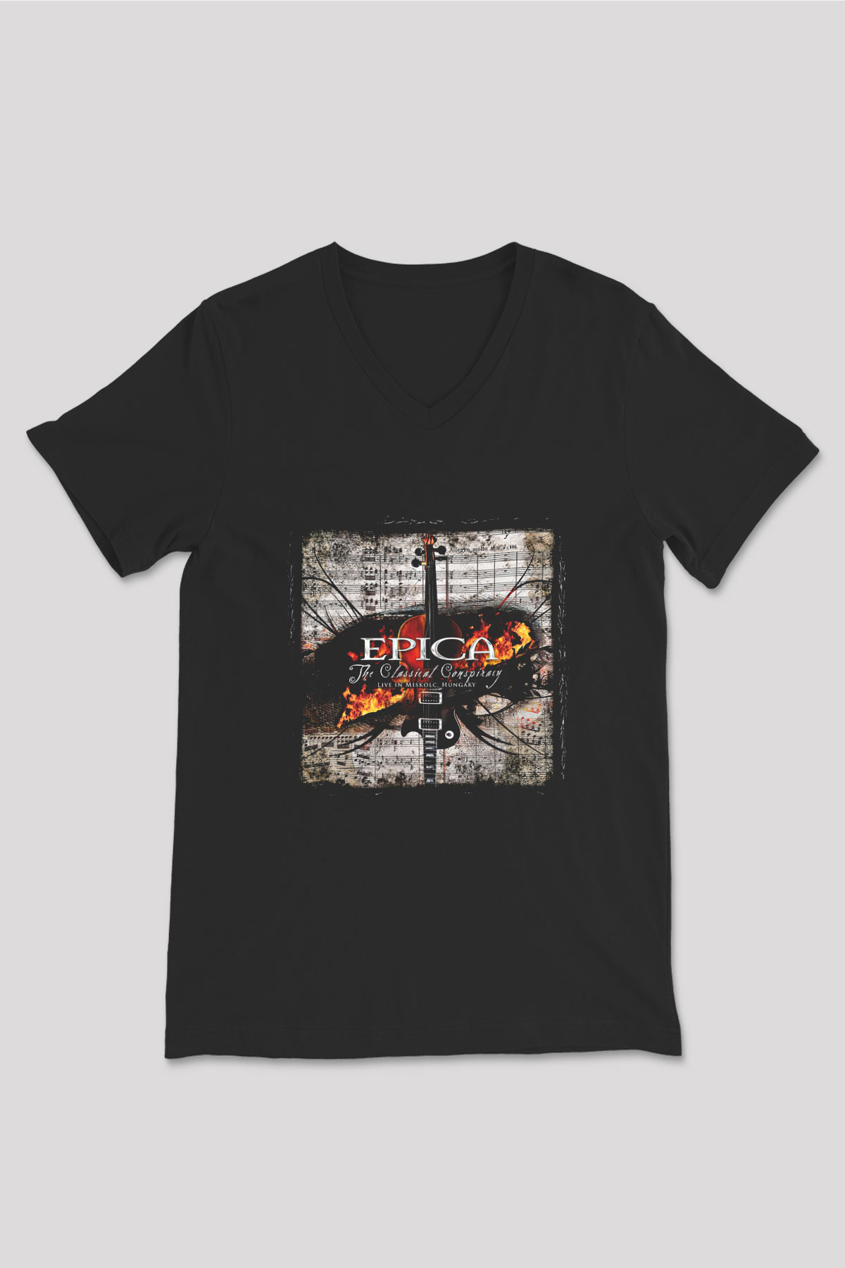 Epica Baskılı Unisex Siyah V Yaka Tişört
