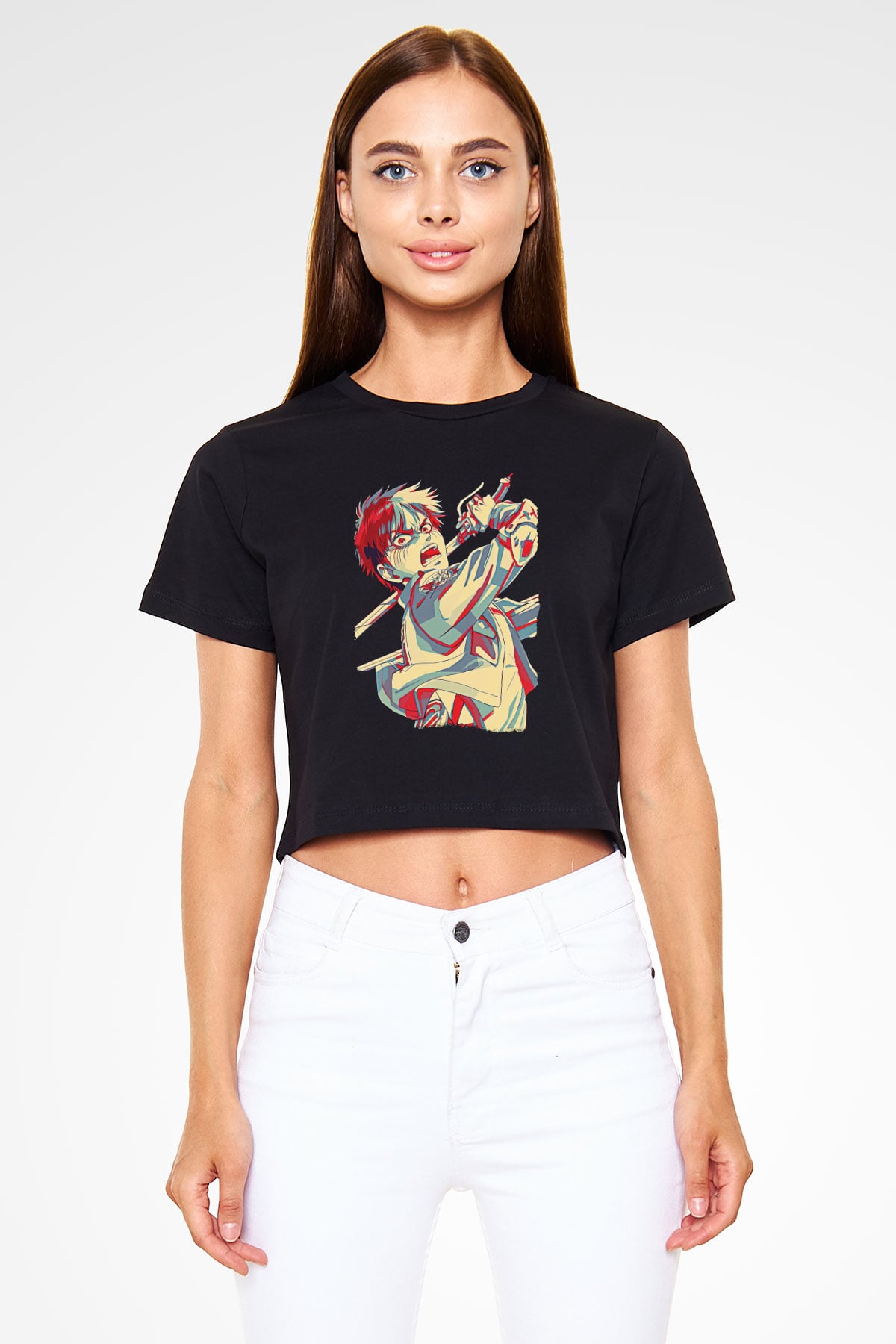 Eren Jaeger Baskılı Siyah Crop Top Kadın Tişört - Tshirt
