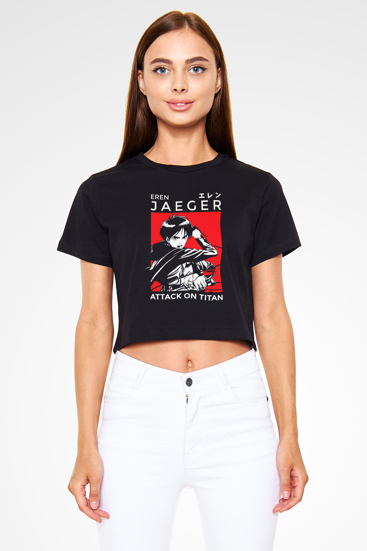 Eren Jaeger Baskılı Siyah Crop Top Kadın Tişört - Tshirt