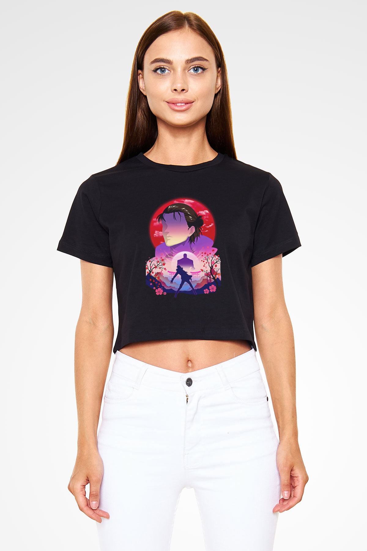 Eren Jaeger Baskılı Siyah Crop Top Kadın Tişört - Tshirt