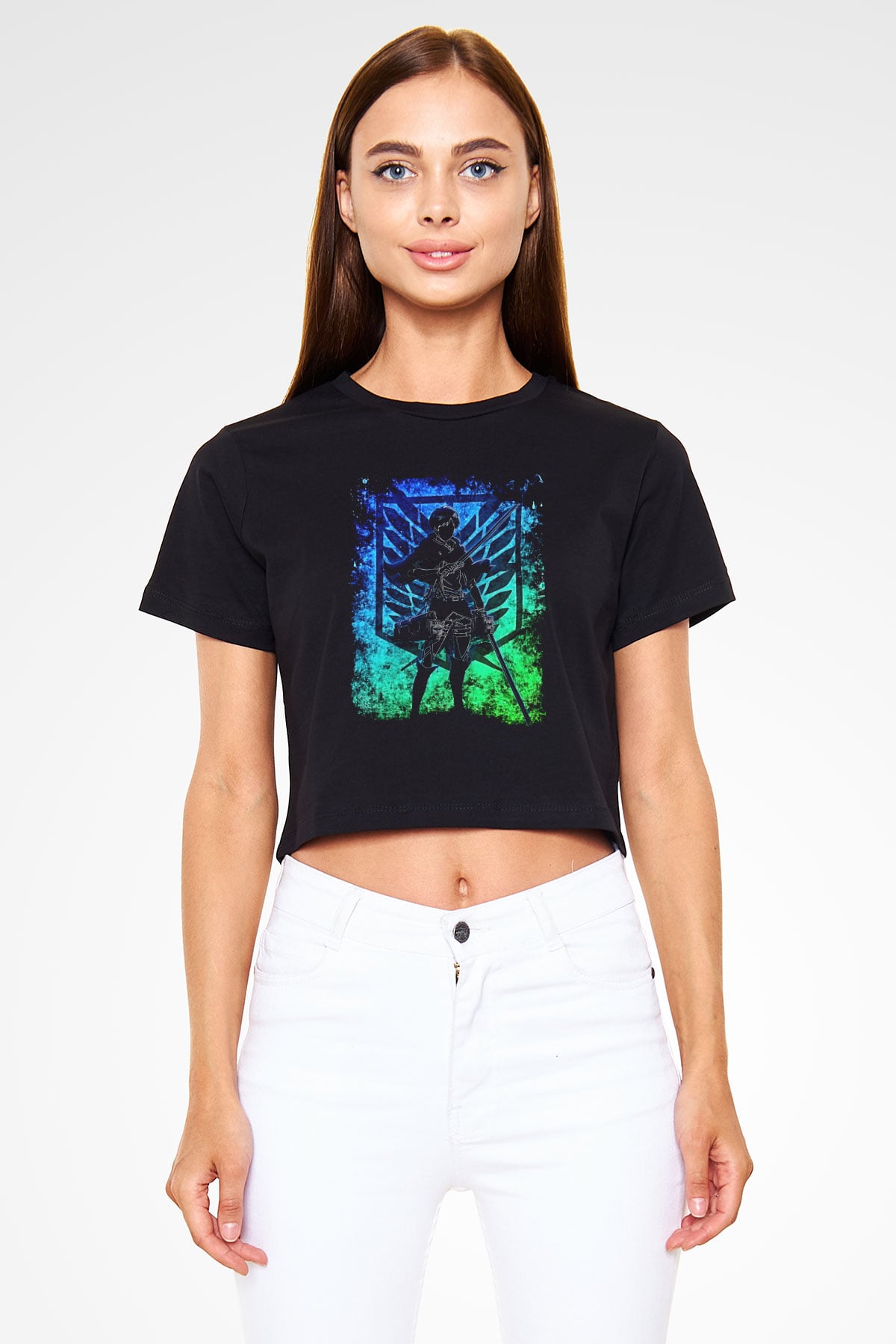 Eren Jaeger Baskılı Siyah Crop Top Kadın Tişört - Tshirt