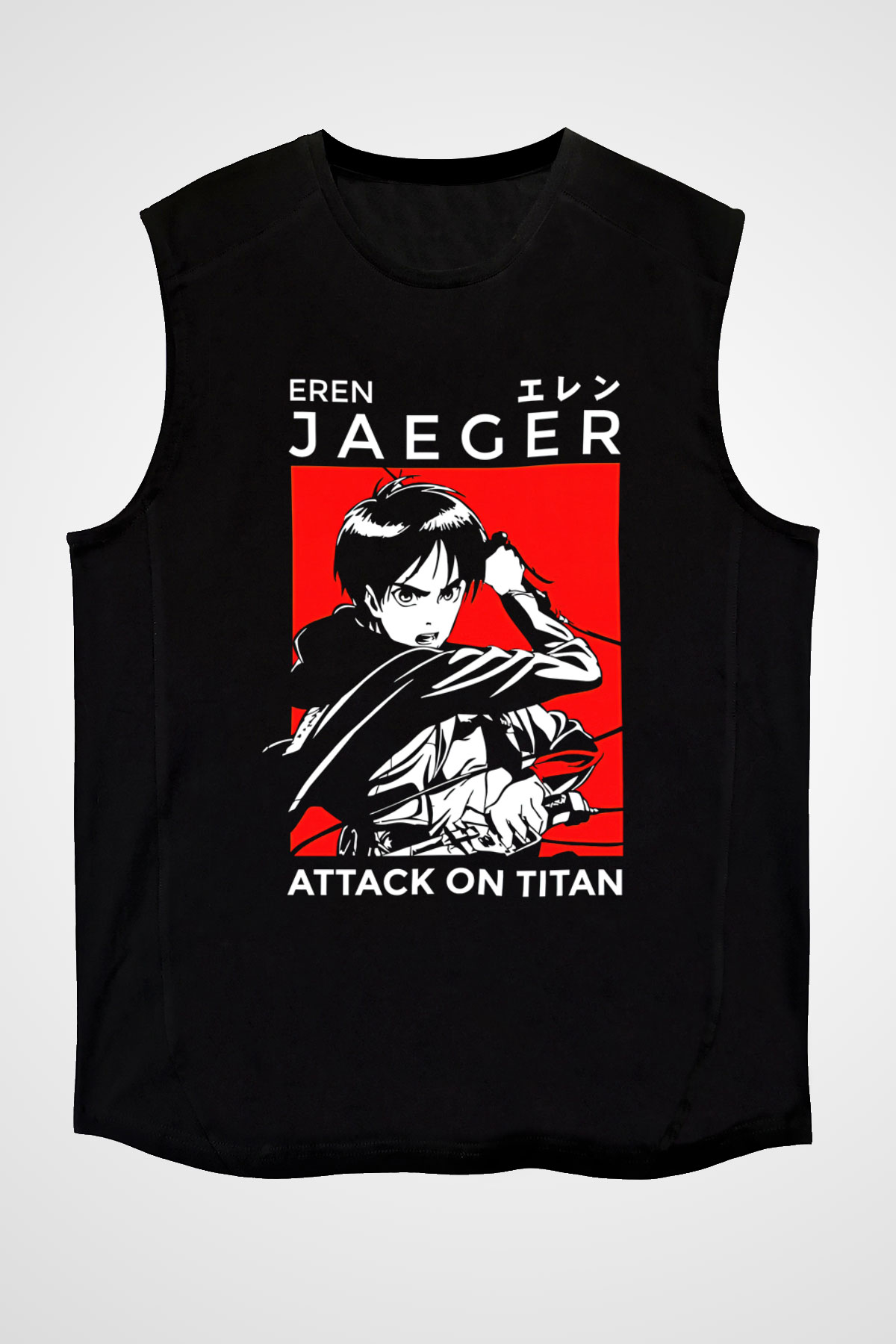 Eren Jaeger Baskılı Unisex Siyah Kolsuz Tişört - Tshirt