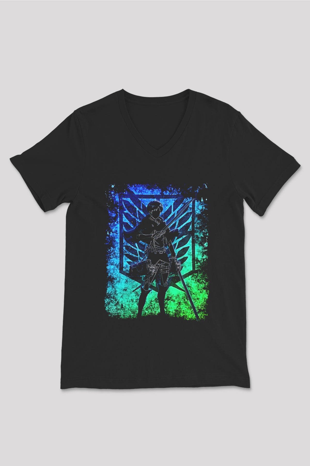 Eren Jaeger Baskılı Unisex Siyah V Yaka Tişört - Tshirt