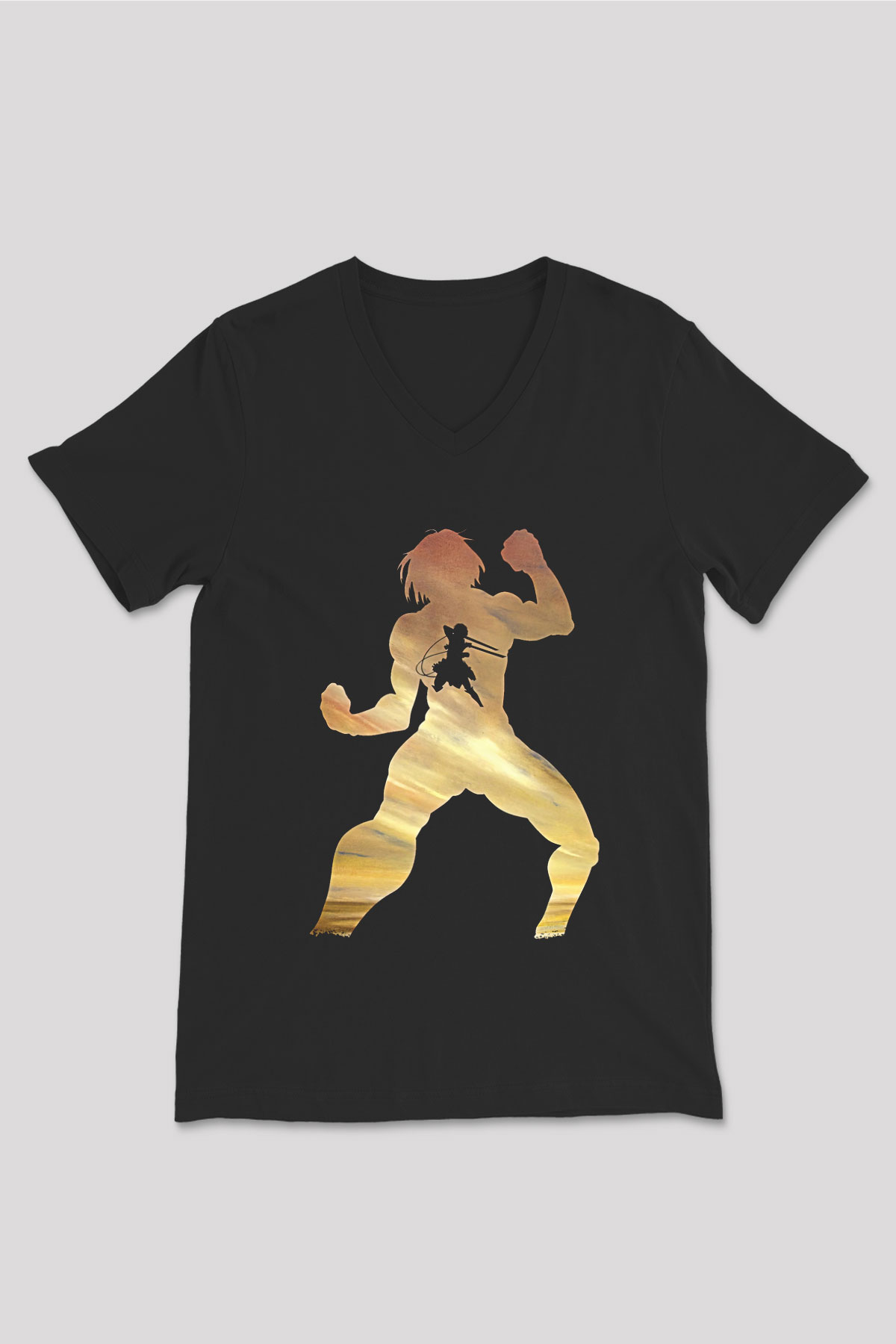 Eren Jaeger Baskılı Unisex Siyah V Yaka Tişört - Tshirt