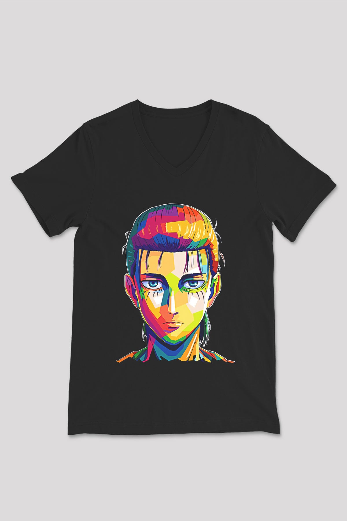 Eren Jaeger Baskılı Unisex Siyah V Yaka Tişört - Tshirt