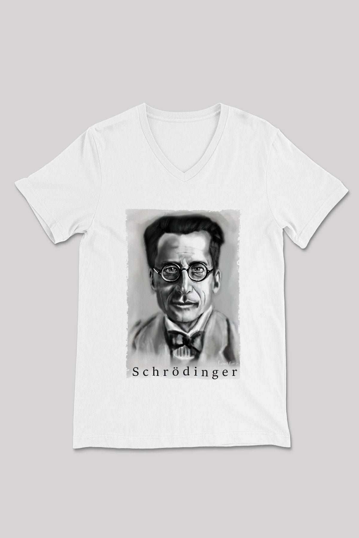 Erwin Schrödinger Baskılı Unisex V Yaka Beyaz Tişört - Tshirt