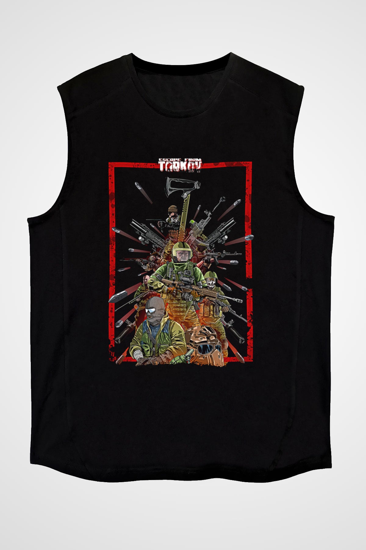 Escape From Tarkov Baskılı Unisex Siyah Kolsuz Tişört - Tshirt