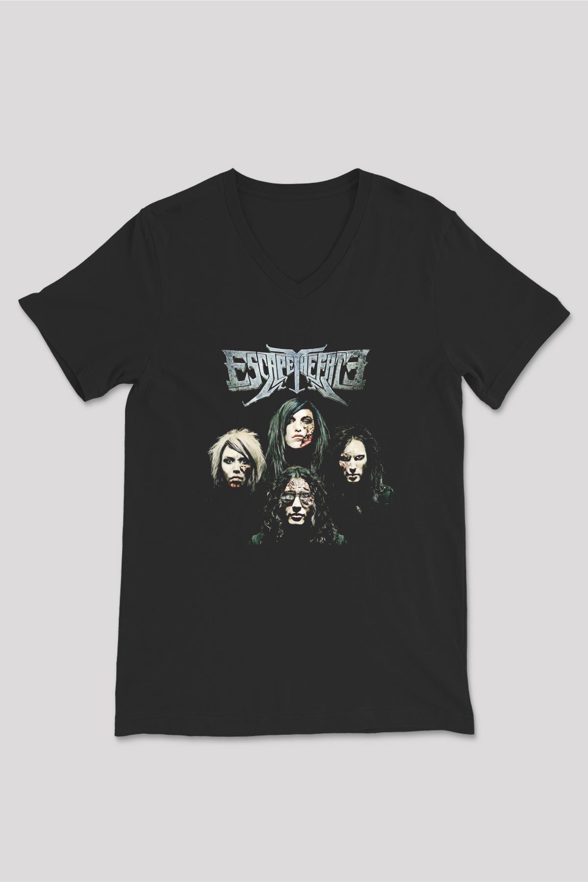 Escape the fate Baskılı Unisex Siyah V Yaka Tişört - Tshirt