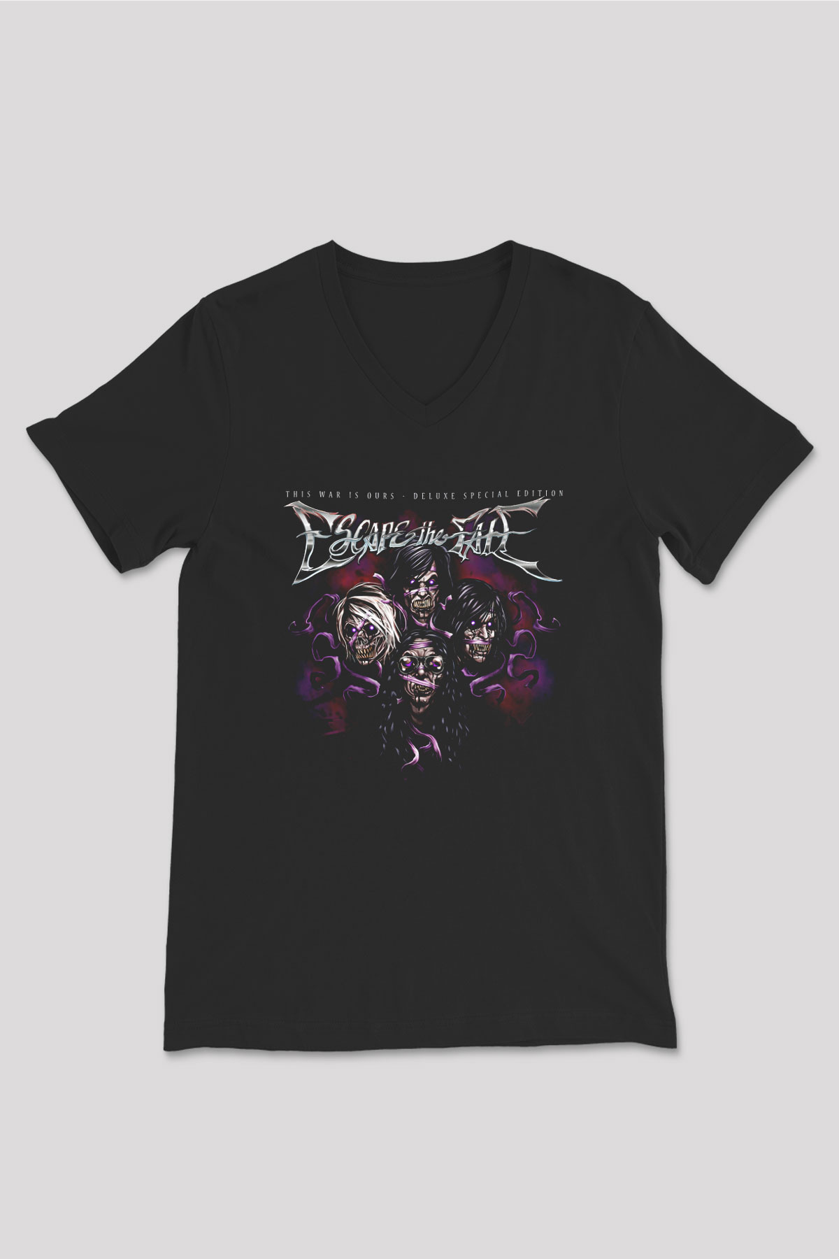 Escape the fate Baskılı Unisex Siyah V Yaka Tişört - Tshirt