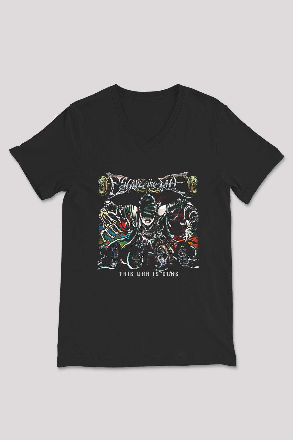 Escape the fate Baskılı Unisex Siyah V Yaka Tişört - Tshirt