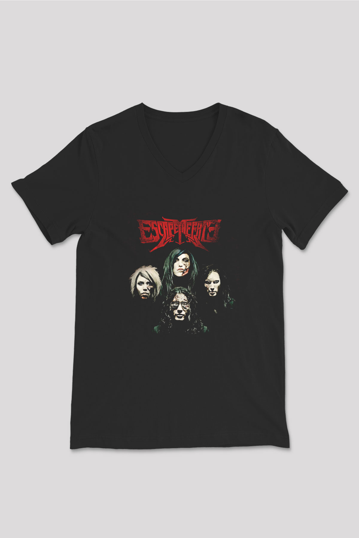Escape the fate Baskılı Unisex Siyah V Yaka Tişört - Tshirt
