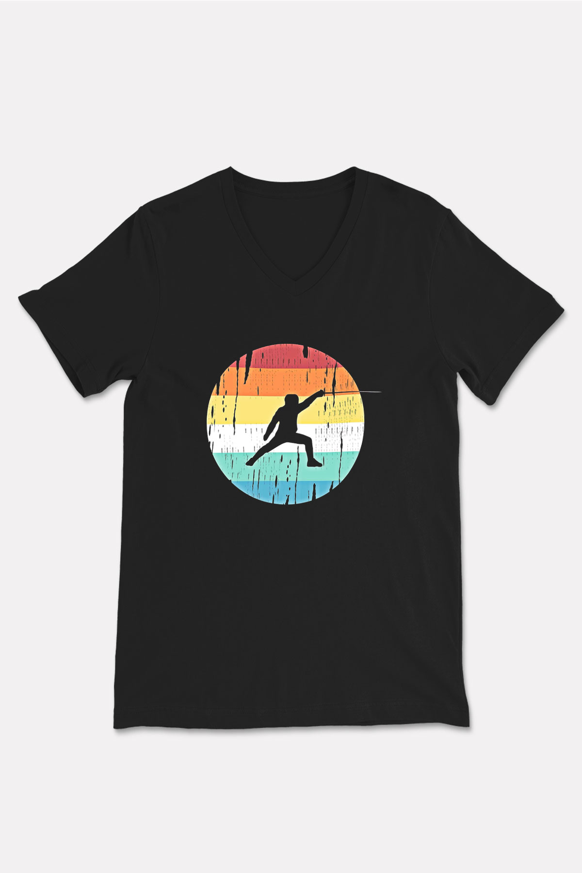 Eskrim - Fencing Baskılı Unisex Siyah V Yaka Tişört