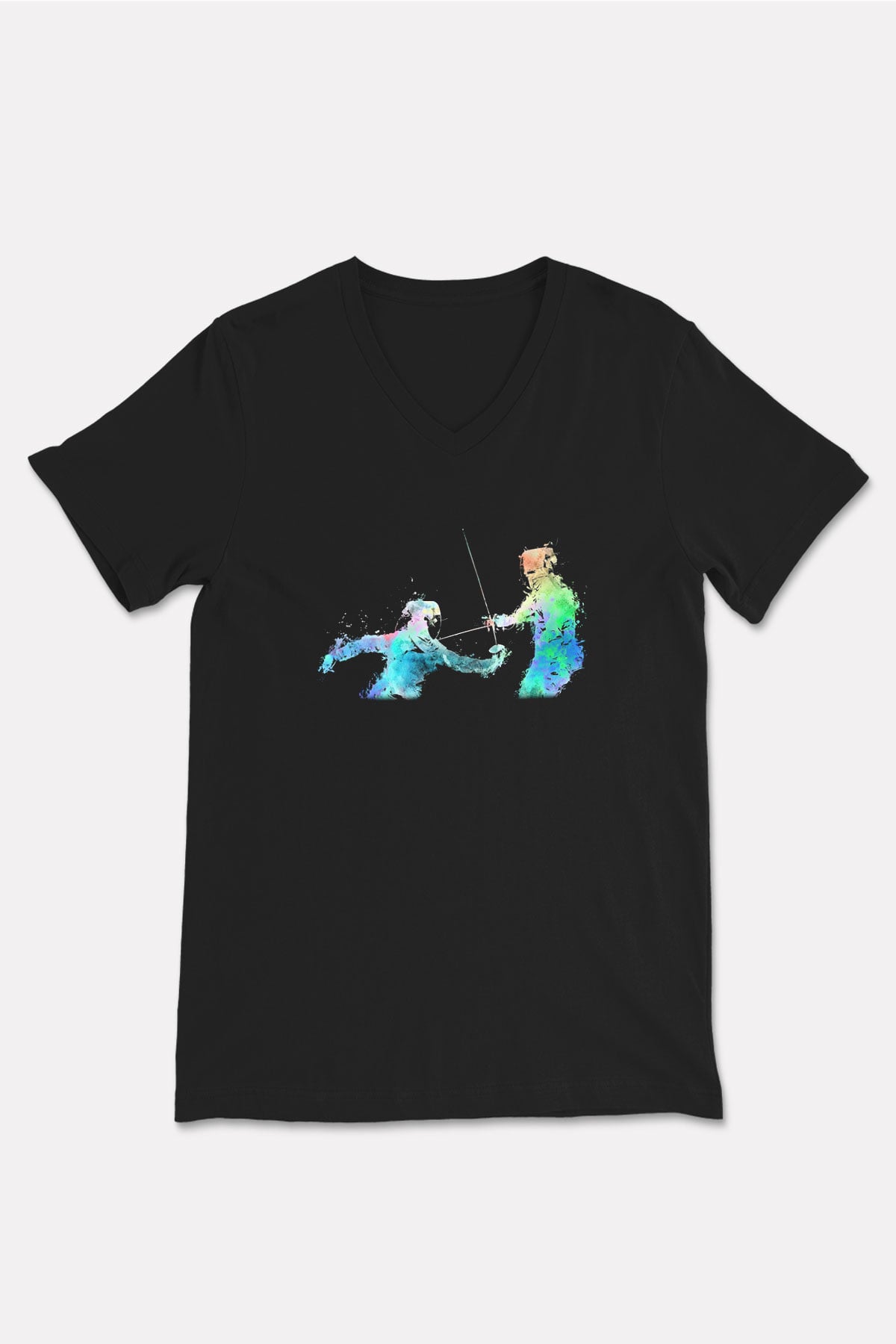 Eskrim - Fencing Baskılı Unisex Siyah V Yaka Tişört