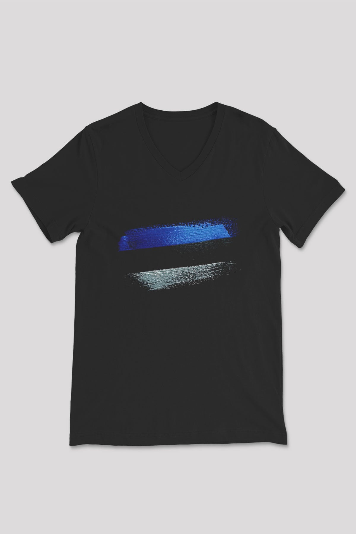 Estonya - Estonia Bayrağı Baskılı Unisex Siyah V Yaka Tişört